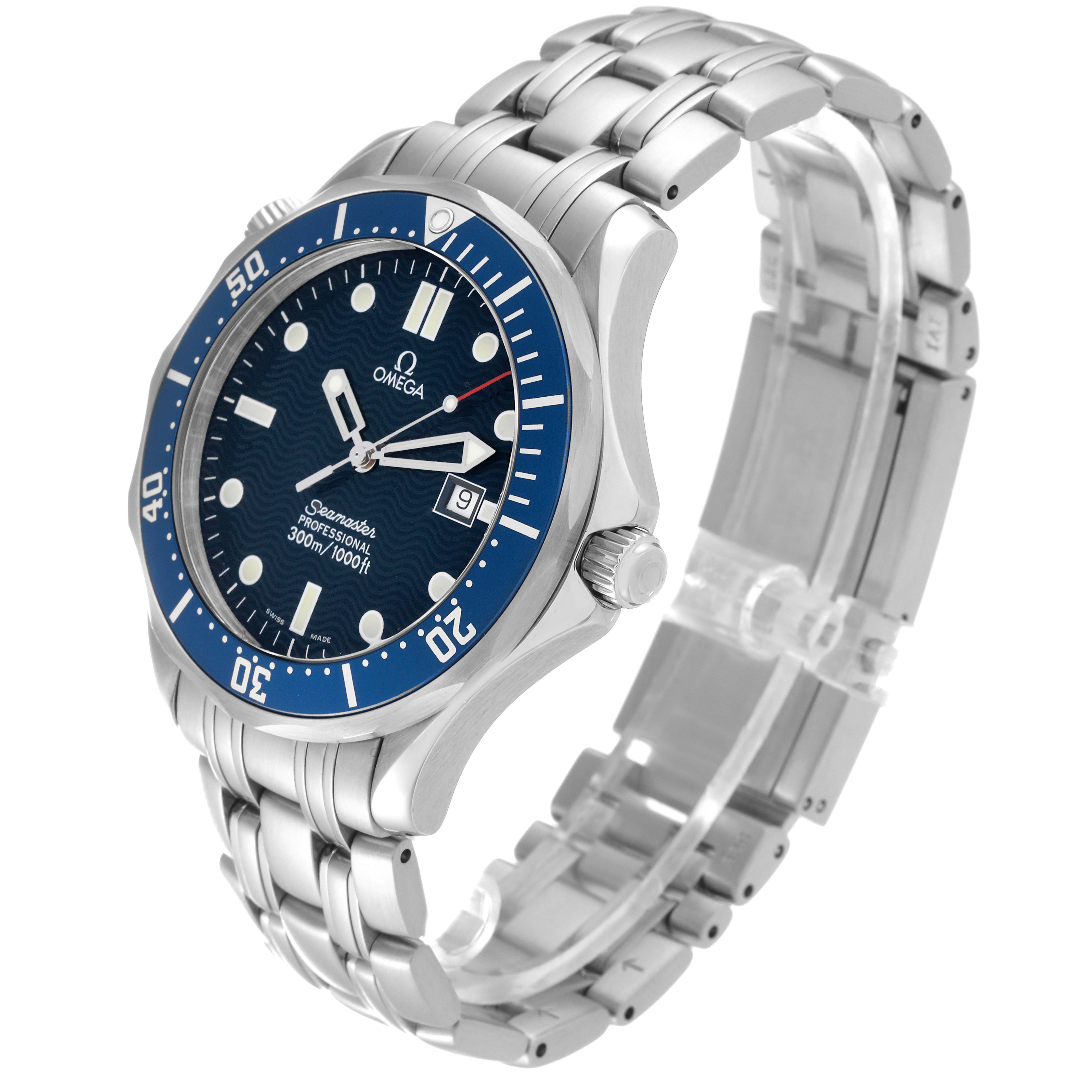 The image shows an angled view of an Omega Seamaster 2541.80.00 Men's Stainless Steel Blue Dial 2541.80.00 Men's Stainless Steel Blue Dial watch, highlighting its blue dial, bezel, and stainless steel bracelet.