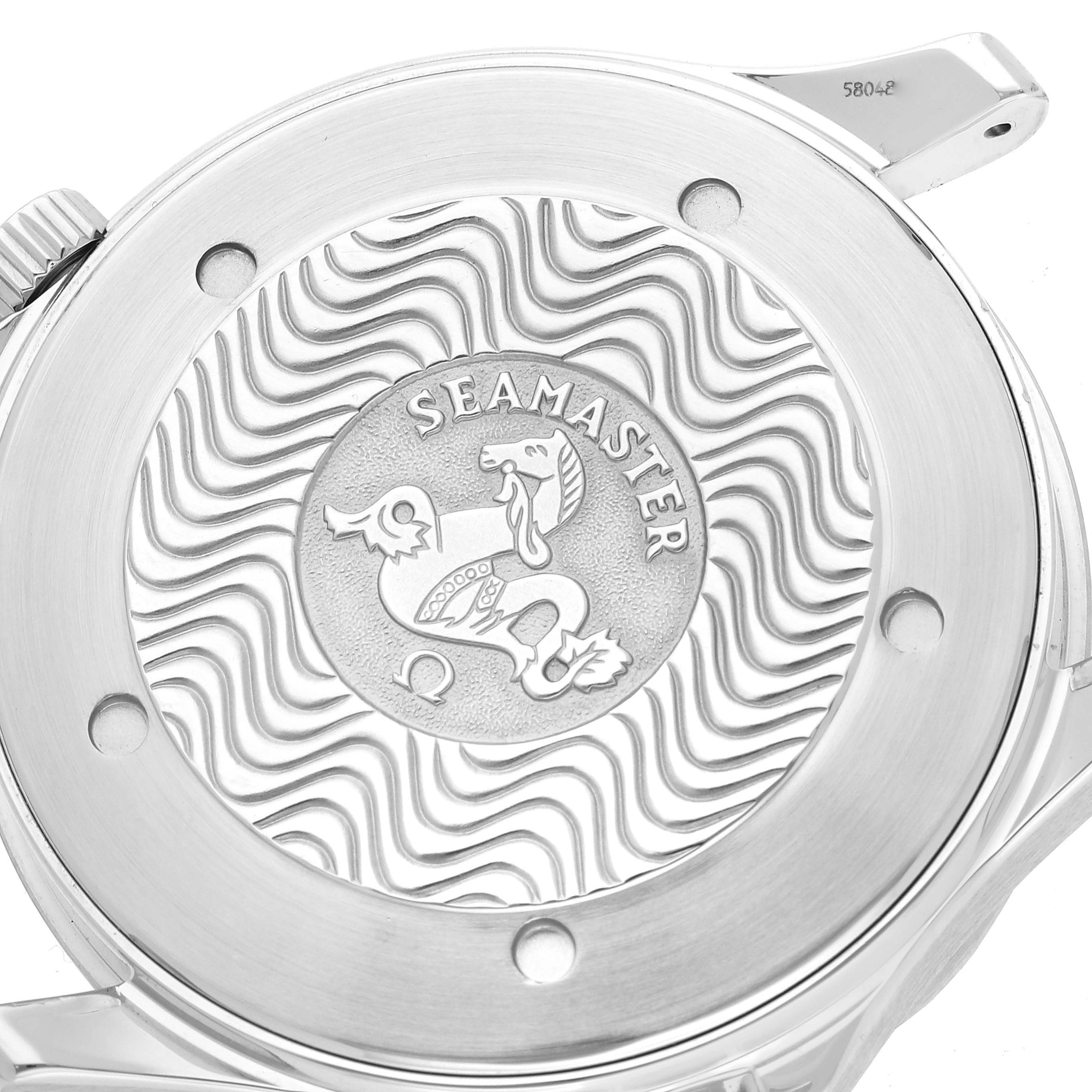 The image shows the engraved case back of an Omega Seamaster 2541.80.00 Men's Stainless Steel Blue Dial 2541.80.00 Men's Stainless Steel Blue Dial watch with the Seamaster logo and wave pattern.