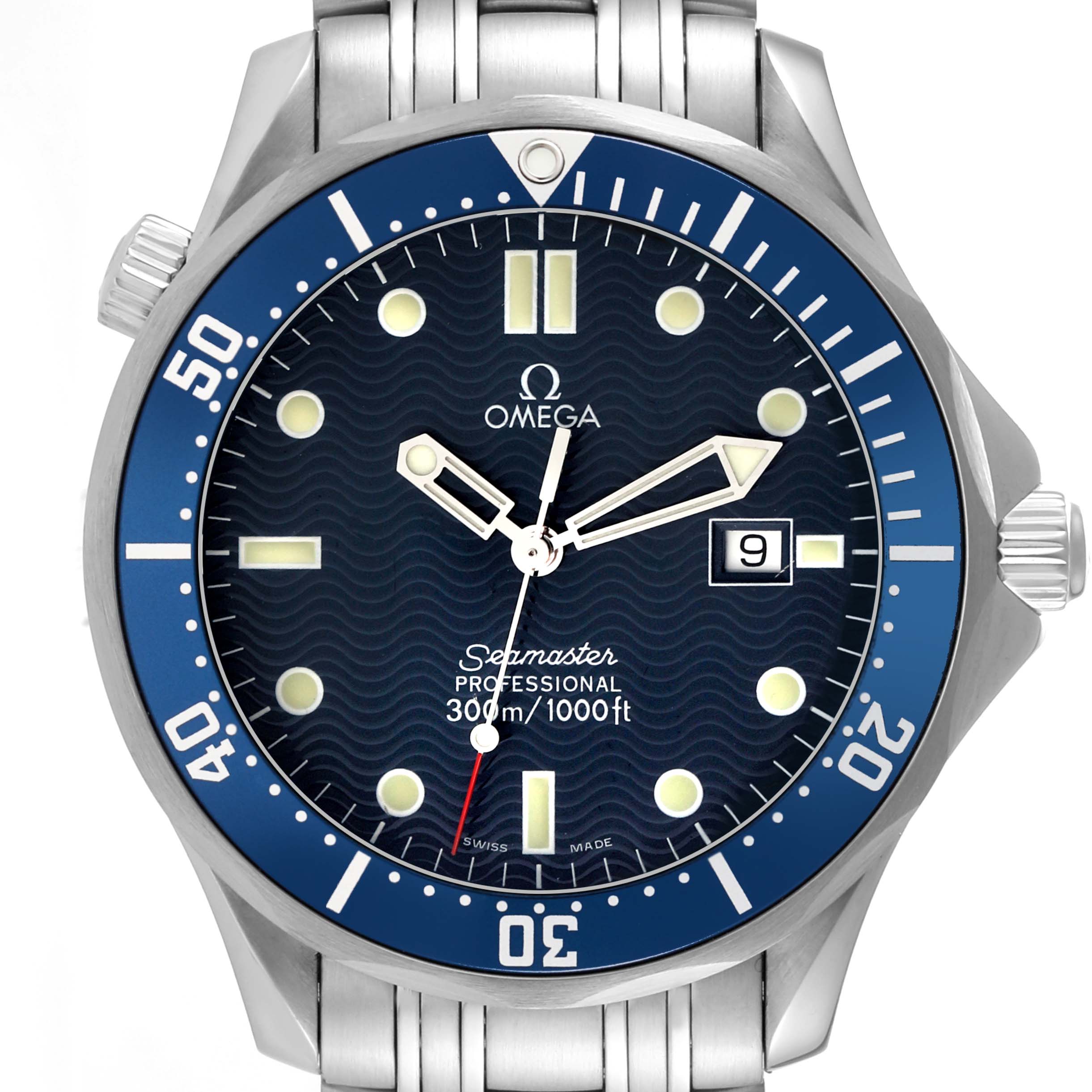 The image shows a close-up angle of the watch face and bezel of the Omega Seamaster 2541.80.00 Men's Stainless Steel Blue Dial 2541.80.00 Men's Stainless Steel Blue Dial, displaying its blue dial, hands, markers, and date window.