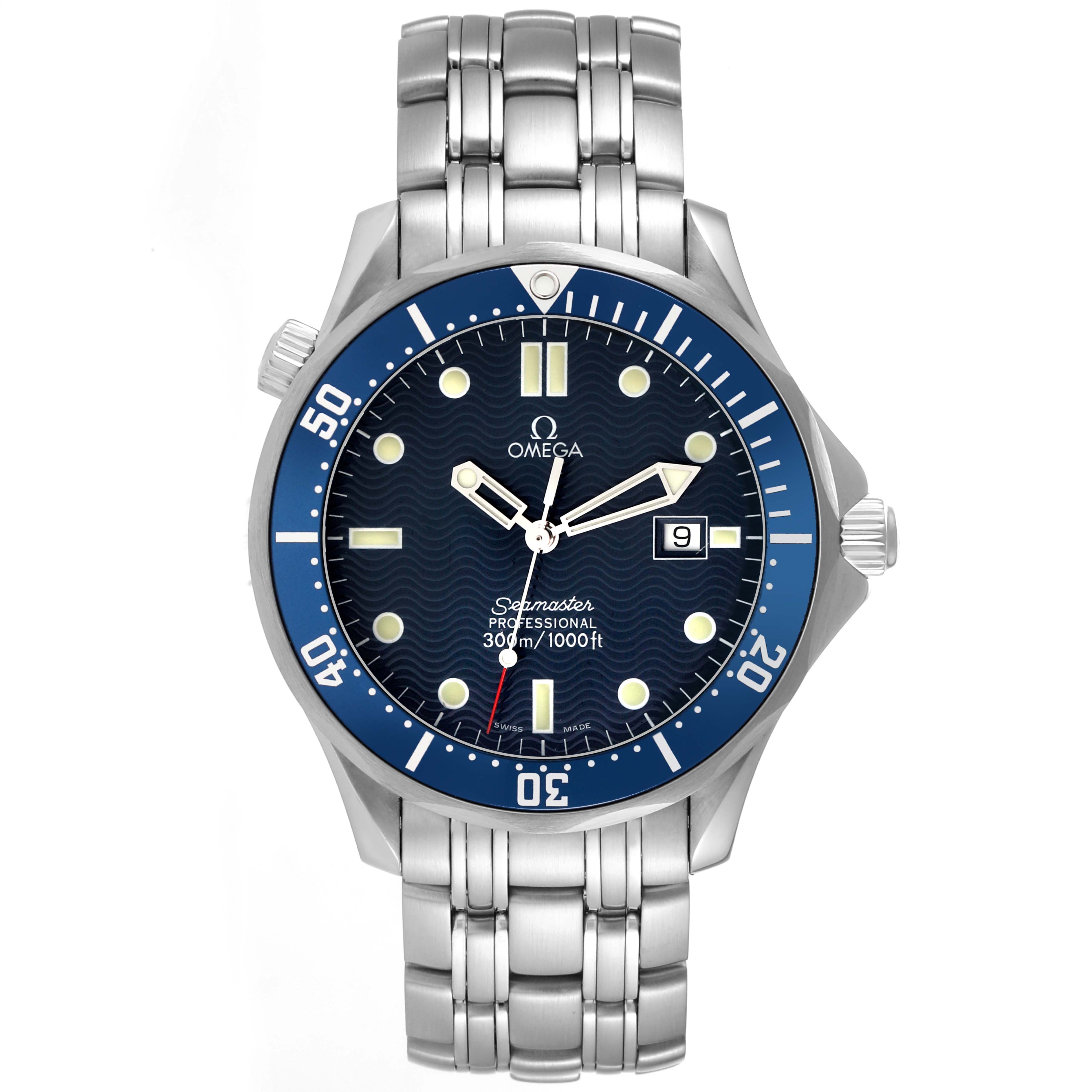 The image shows a front view of the Omega Seamaster 2541.80.00 Men's Stainless Steel Blue Dial 2541.80.00 Men's Stainless Steel Blue Dial watch, displaying the face, bezel, hands, and bracelet.