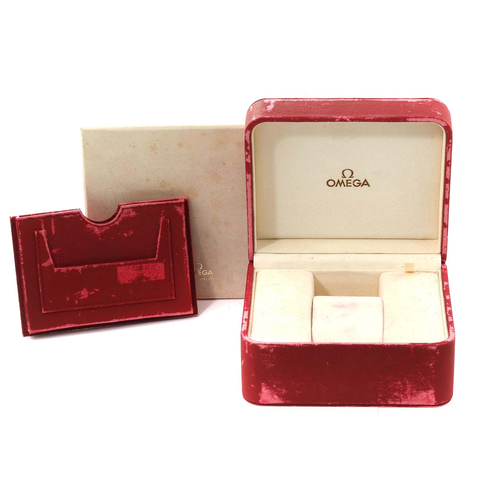 The image shows an Omega Seamaster 2541.80.00 Men's Stainless Steel Blue Dial 2541.80.00 Men's Stainless Steel Blue Dial watch box, including a red velvet box, an inner display cushion, and a paper envelope.