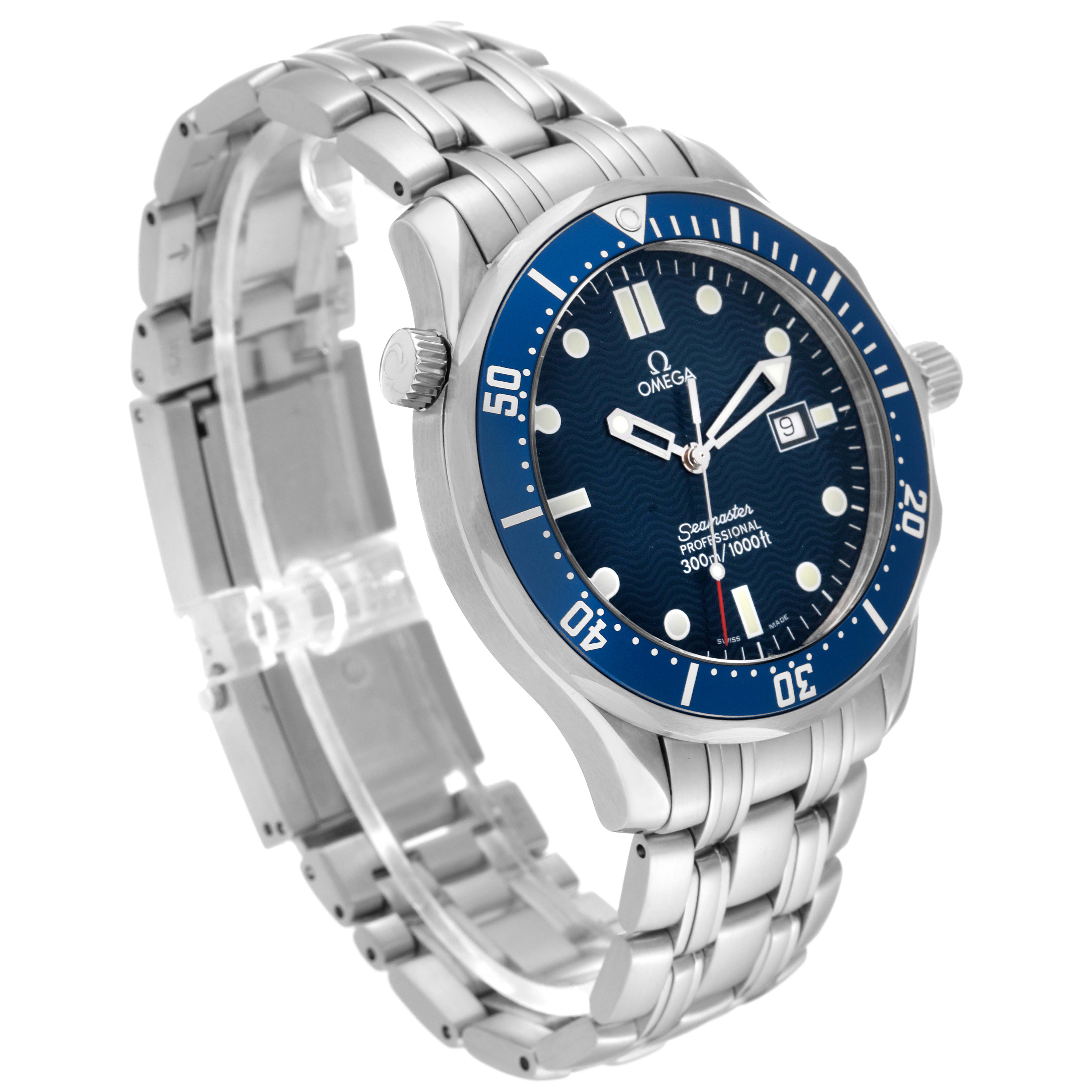 The Omega Seamaster 2541.80.00 Men's Stainless Steel Blue Dial 2541.80.00 Men's Stainless Steel Blue Dial watch is shown at a slightly tilted side angle, featuring its bracelet, bezel, and dial.