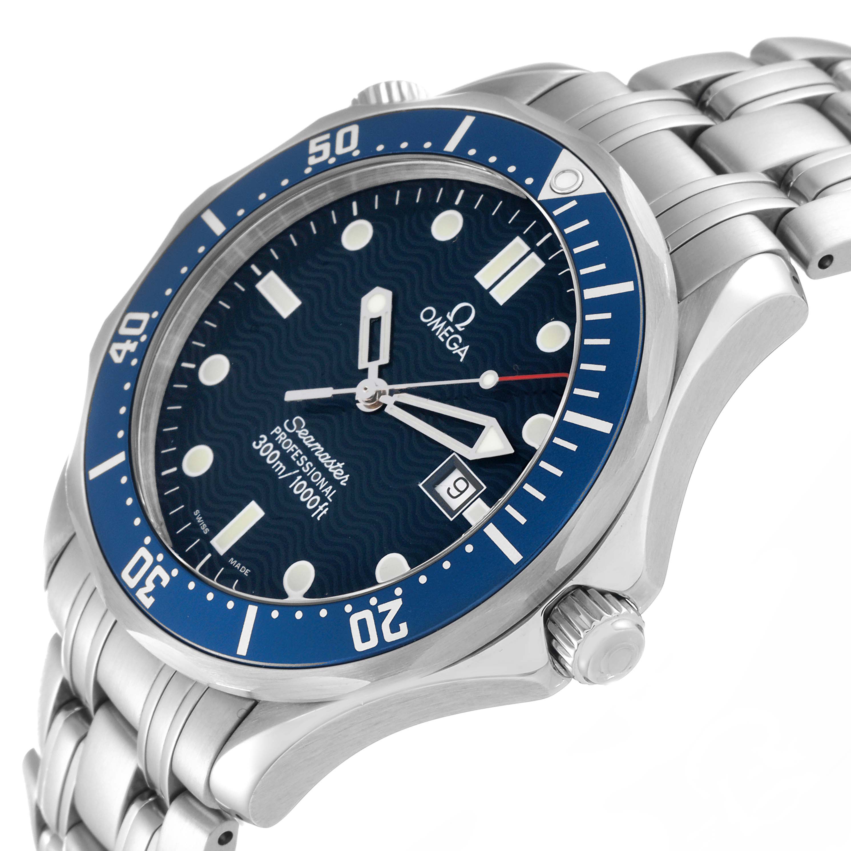 The image shows an angled close-up of an Omega Seamaster 2541.80.00 Men's Stainless Steel Blue Dial 2541.80.00 Men's Stainless Steel Blue Dial watch, displaying the face, bezel, crown, and part of the metal bracelet.