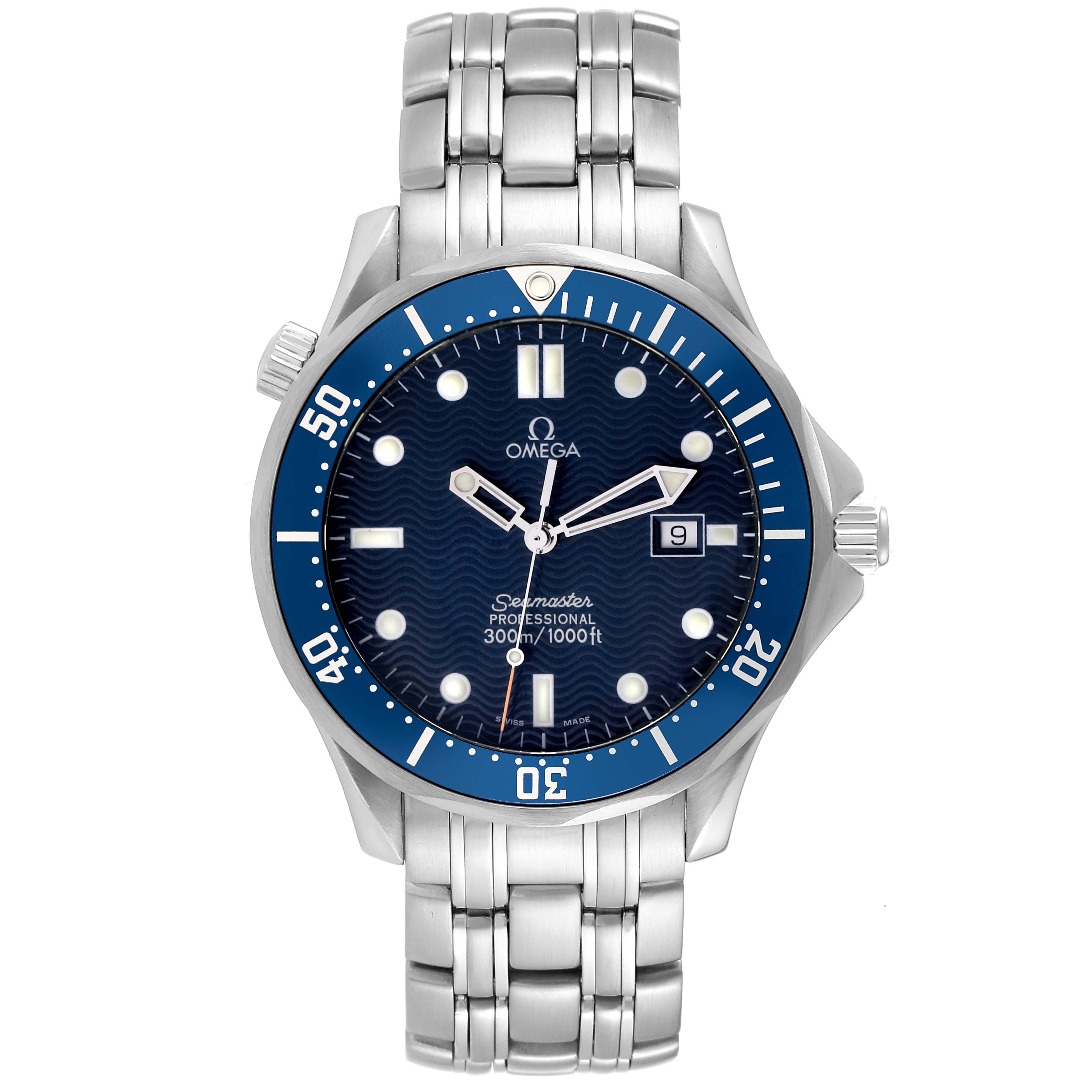 The Omega Seamaster 2541.80.00 Men
s Stainless Steel Blue Dial 2541.80.00 Men
s Stainless Steel Blue Dial watch is shown from a front angle, displaying the dial, bezel, and bracelet.