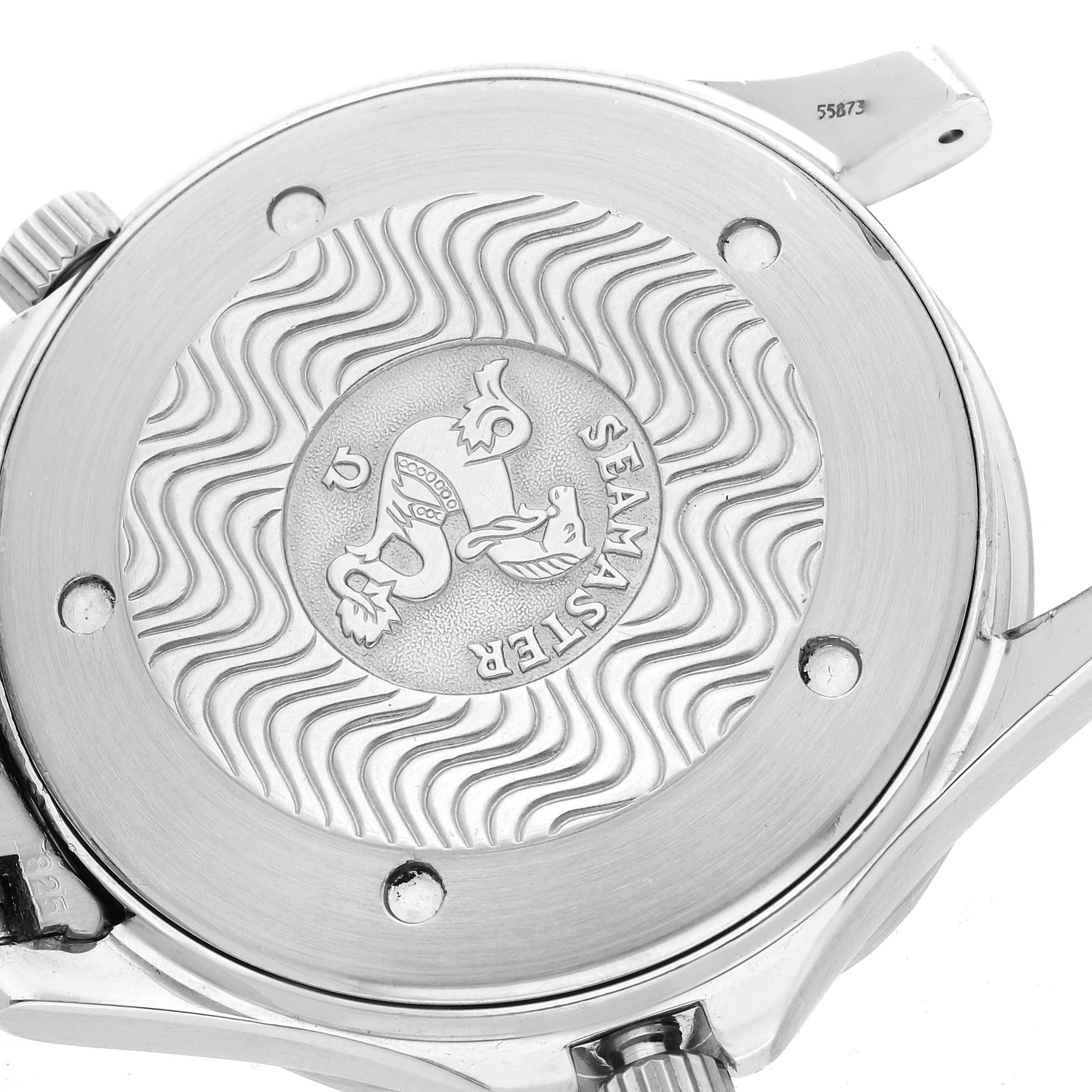 The image shows a close-up view of the case back of an Omega Seamaster 2541.80.00 Men
s Stainless Steel Blue Dial 2541.80.00 Men
s Stainless Steel Blue Dial watch, featuring its signature wave pattern and engraving.