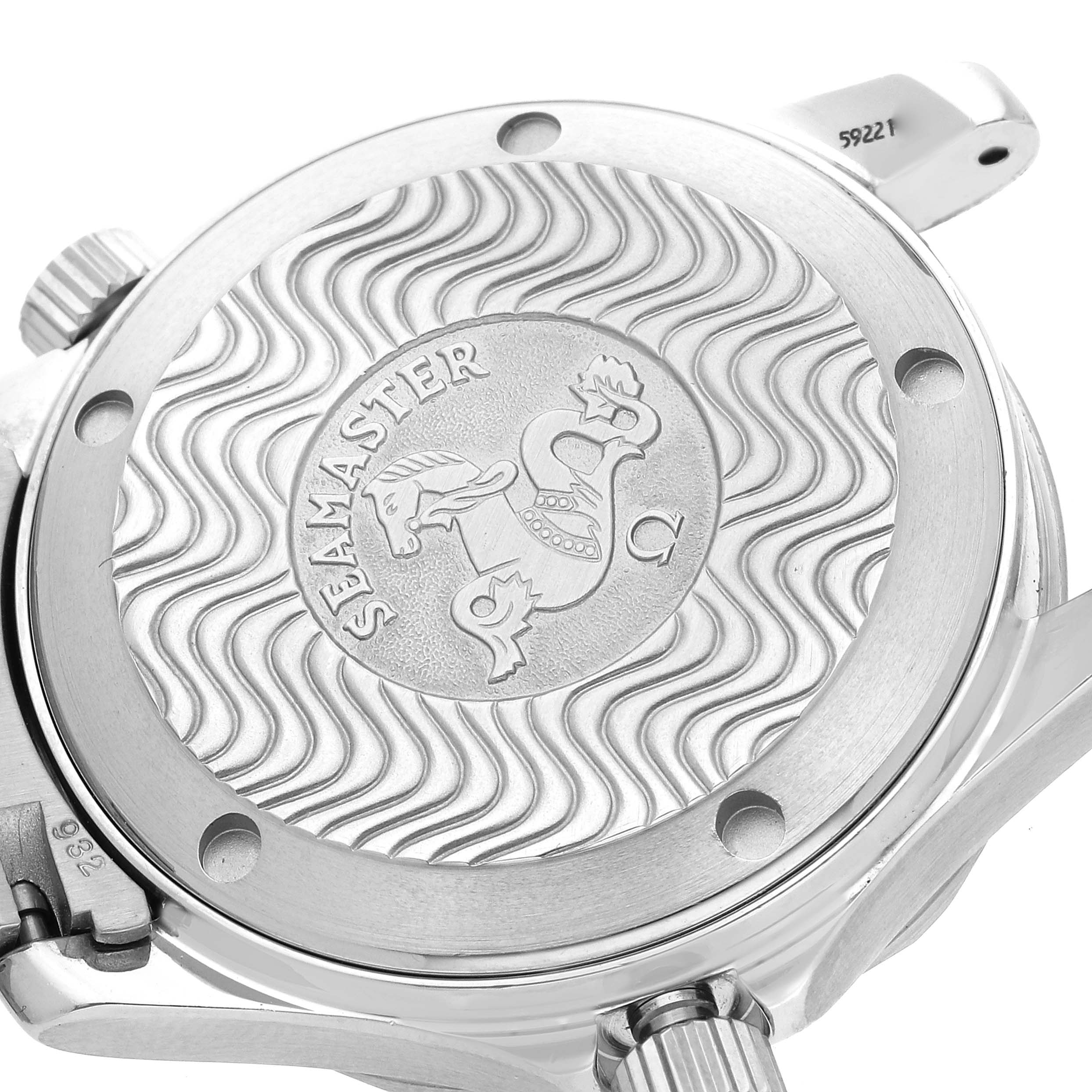 This image depicts the back casing of an Omega Seamaster 2262.50.00 Men
s Stainless Steel Black Dial 2262.50.00 Men
s Stainless Steel Black Dial watch, showcasing its intricate engraving and waved design.