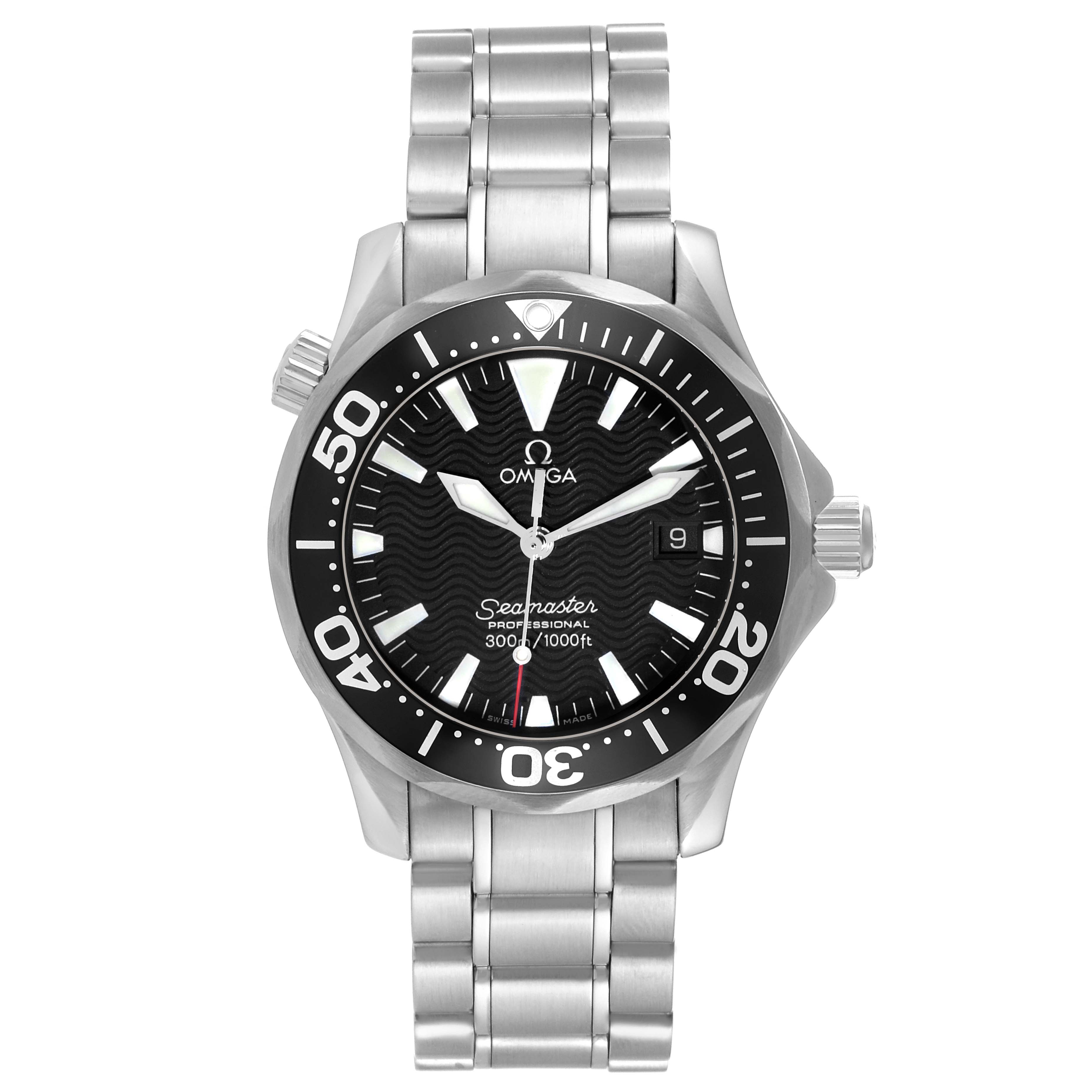 The Omega Seamaster 2262.50.00 Men
s Stainless Steel Black Dial 2262.50.00 Men
s Stainless Steel Black Dial watch is shown from a front view, displaying its face, bezel, bracelet, and crown.