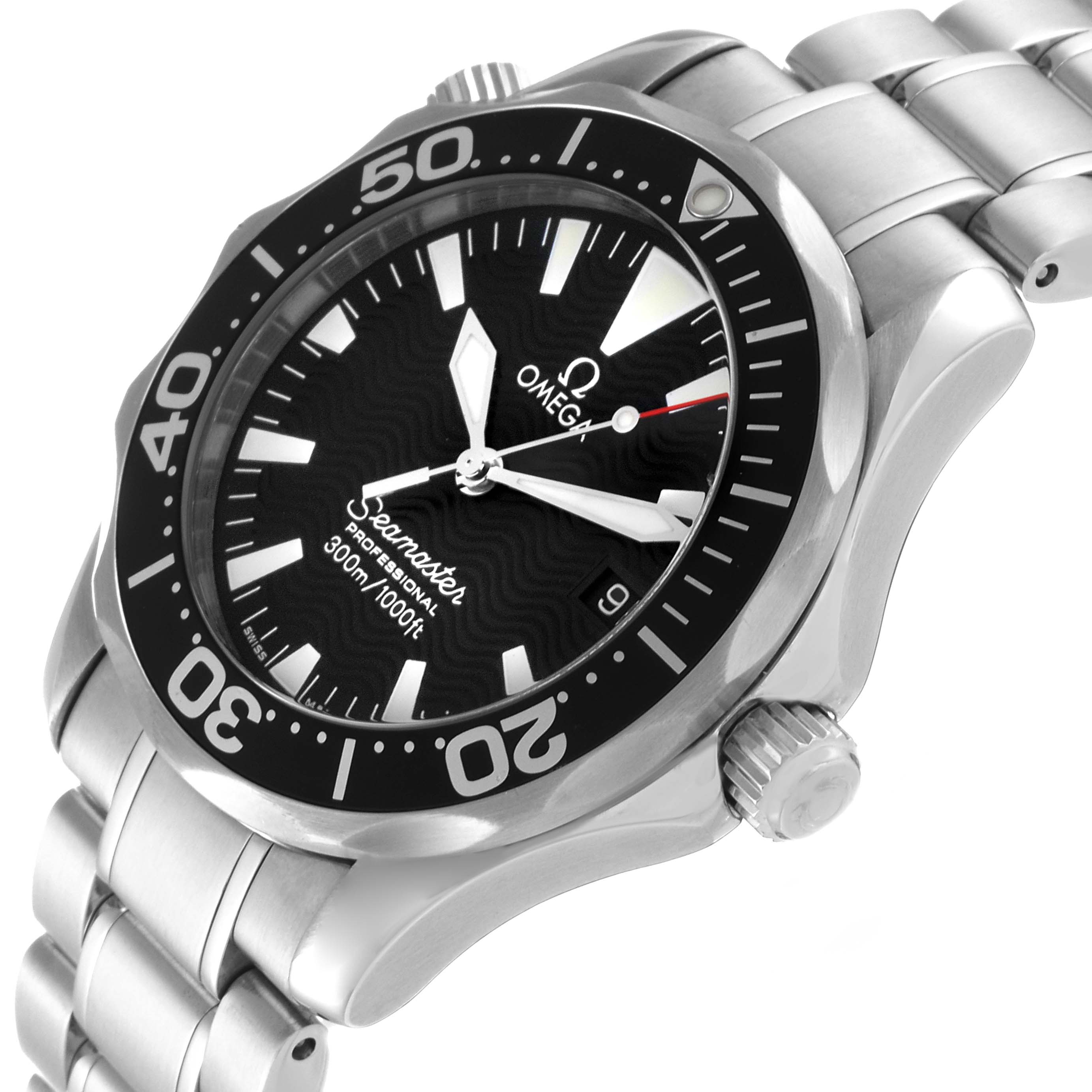 The image shows an angled view of the Omega Seamaster 2262.50.00 Men
s Stainless Steel Black Dial 2262.50.00 Men
s Stainless Steel Black Dial watch, highlighting its face, bezel, crown, and metal bracelet.