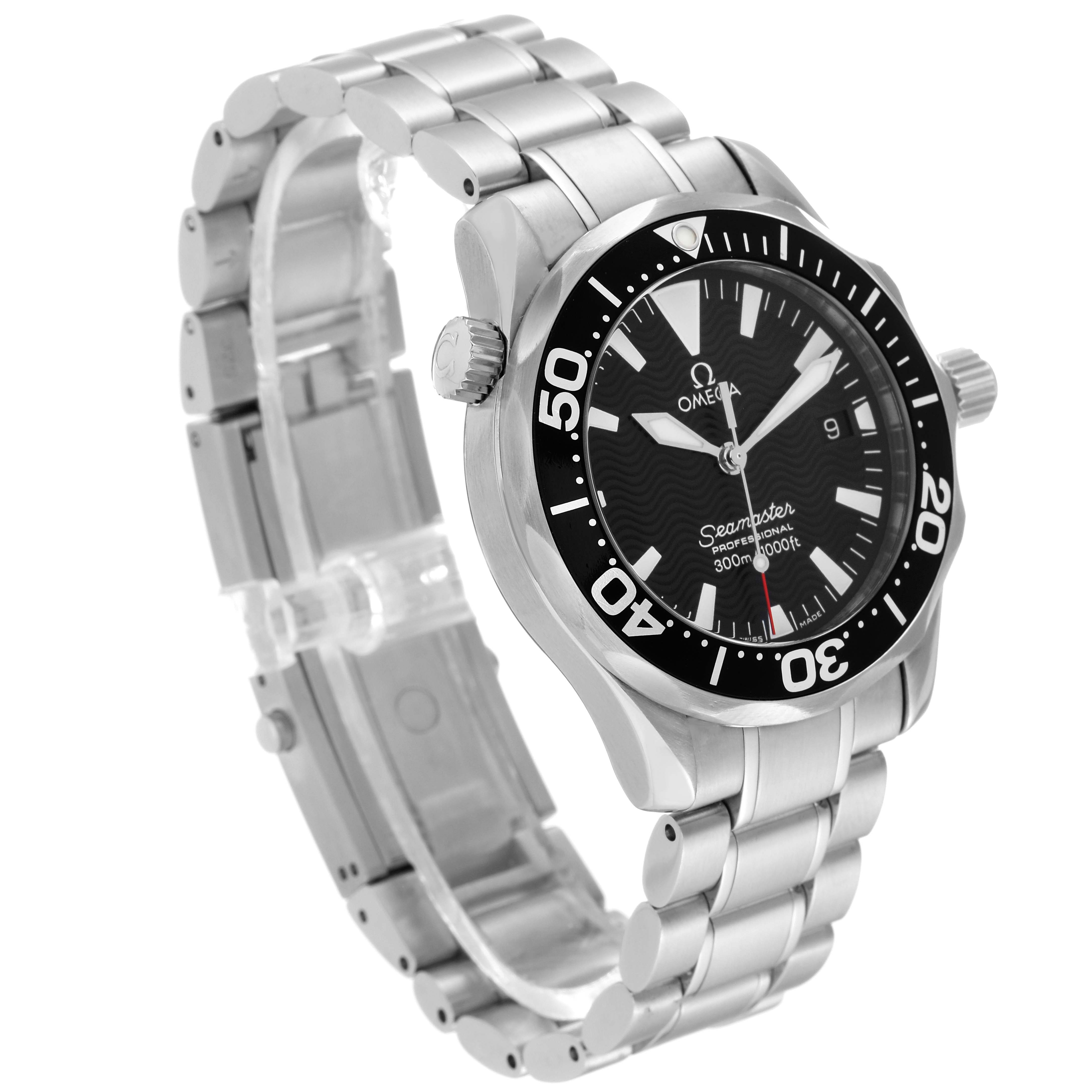 The image shows a side angle of an Omega Seamaster 2262.50.00 Men
s Stainless Steel Black Dial 2262.50.00 Men
s Stainless Steel Black Dial watch, highlighting the bezel, dial, crown, and metal bracelet.
