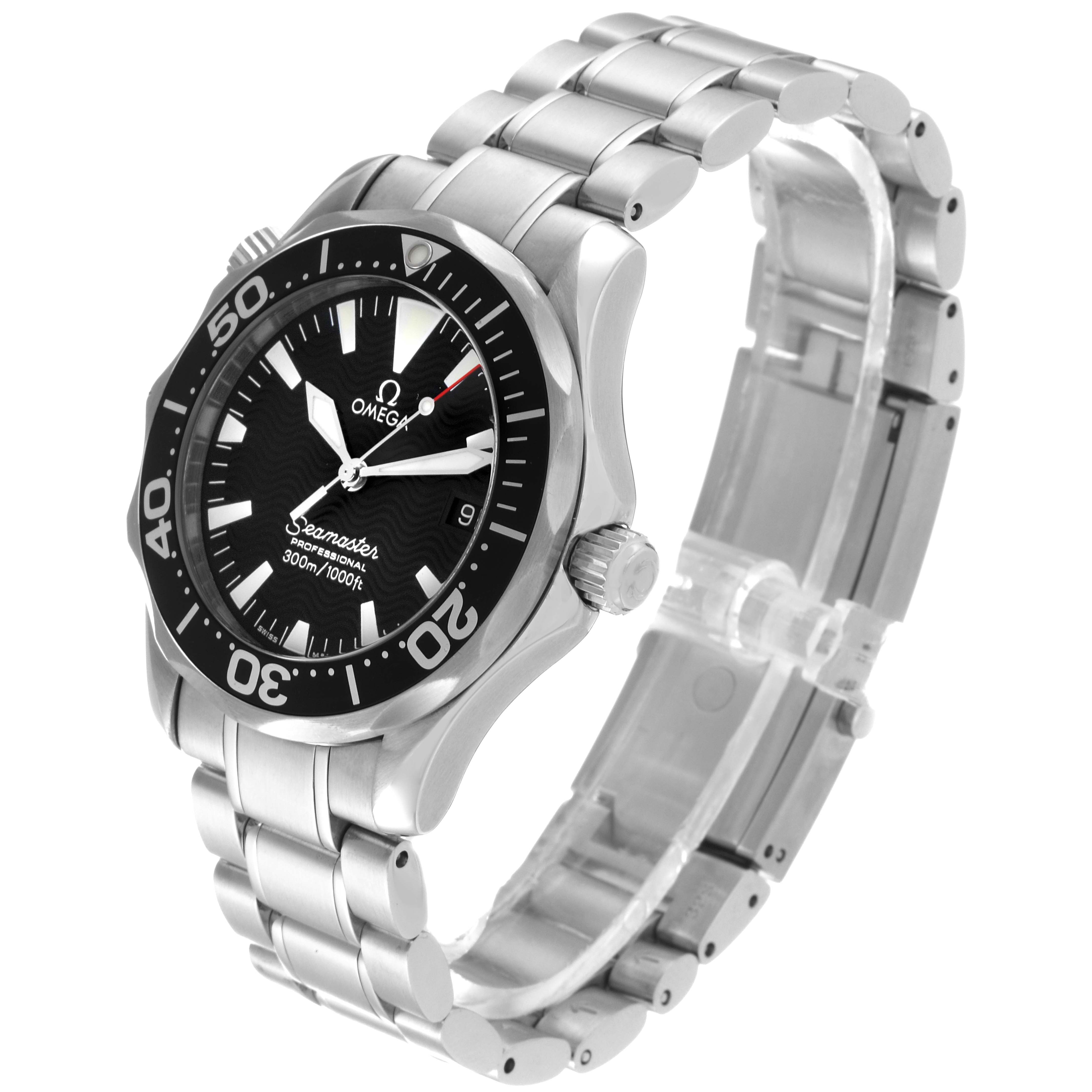The image shows an Omega Seamaster 2262.50.00 Men
s Stainless Steel Black Dial 2262.50.00 Men
s Stainless Steel Black Dial watch from an angled side view, displaying the face, bezel, crown, and bracelet.