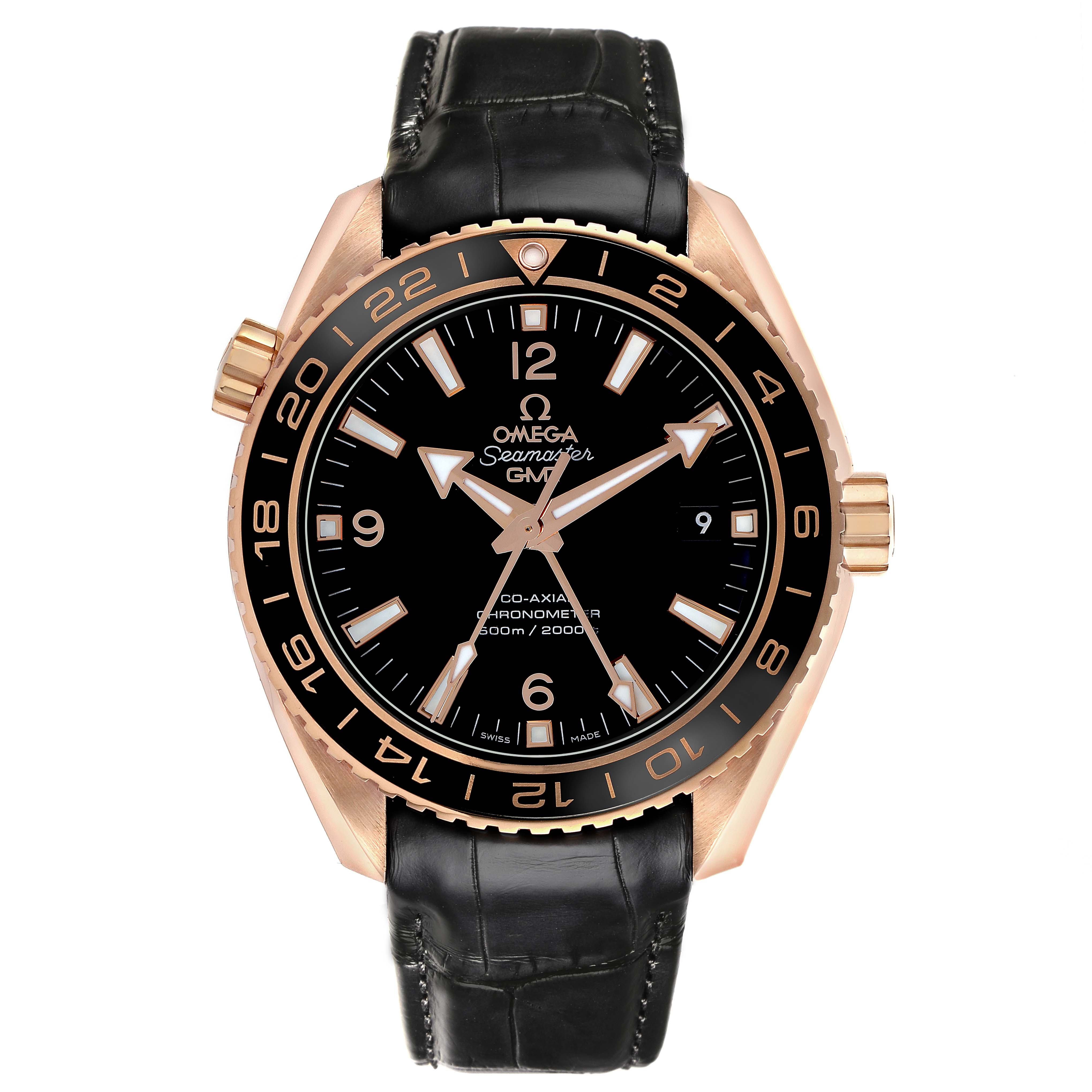 The Omega Planet Ocean 232.63.44.22.01.001 Men's Rose Gold Black Dial 232.63.44.22.01.001 Men's Rose Gold Black Dial watch is shown from the front, highlighting its face, hands, bezel, and leather strap.