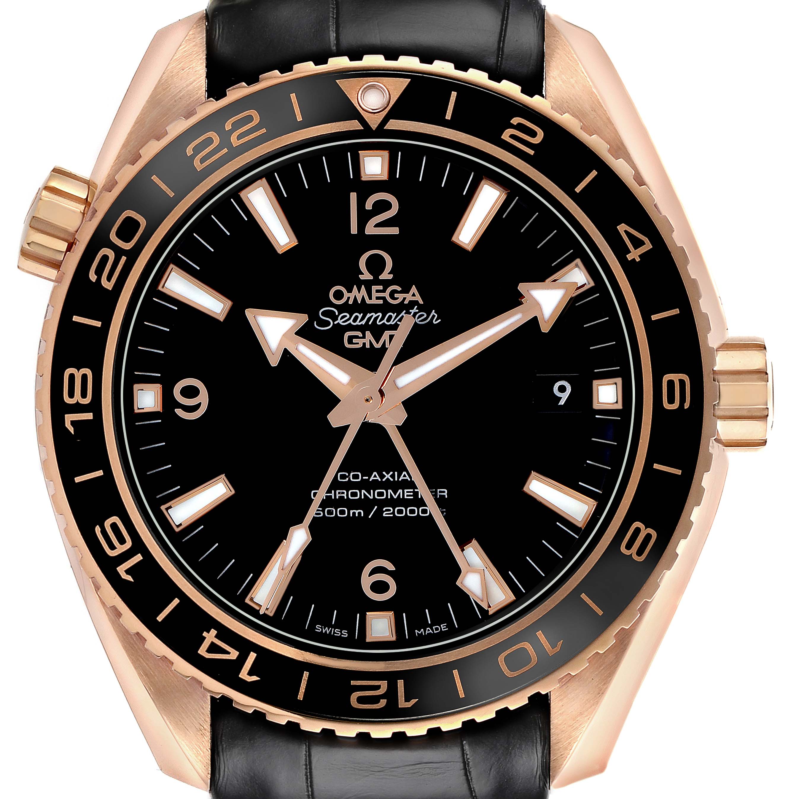 The Omega Planet Ocean 232.63.44.22.01.001 Men's Rose Gold Black Dial 232.63.44.22.01.001 Men's Rose Gold Black Dial watch is shown from a front angle, highlighting the dial, bezel, crown, and leather strap.