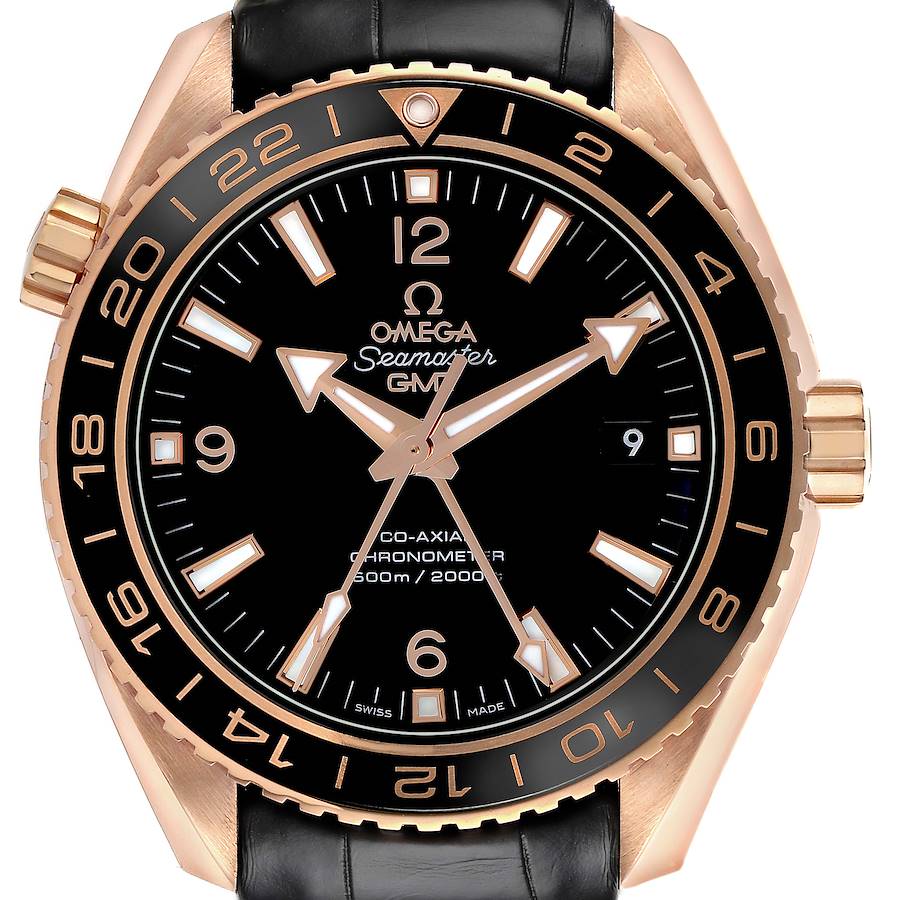 The Omega Planet Ocean watch is shown from a front angle, highlighting the dial, bezel, crown, and leather strap.