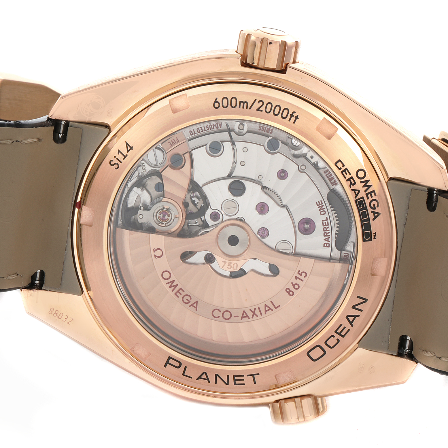 The image shows the back view of the Omega Planet Ocean 232.63.44.22.01.001 Men's Rose Gold Black Dial 232.63.44.22.01.001 Men's Rose Gold Black Dial, highlighting the movement and transparent case back.