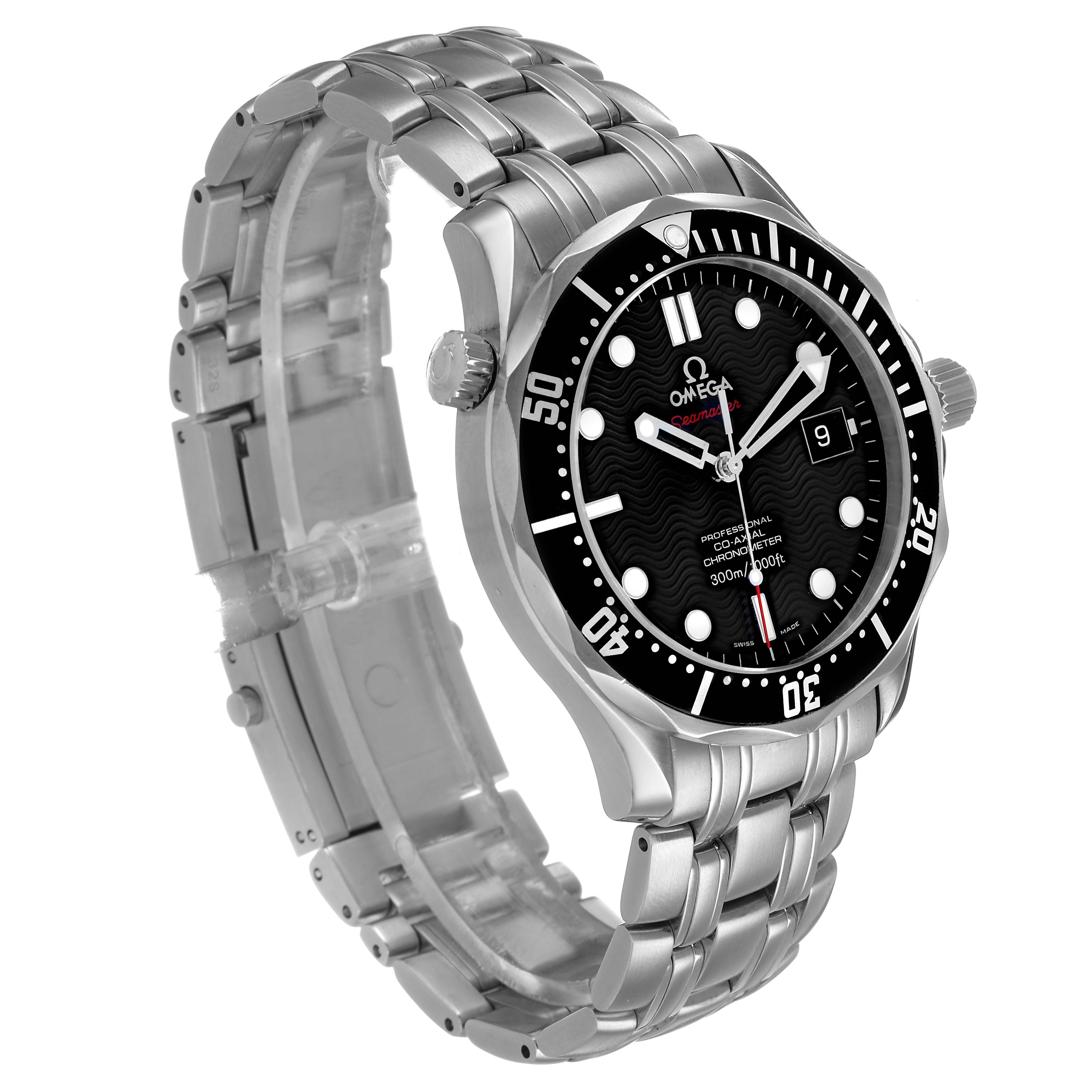 The Omega Seamaster 212.30.41.20.01.002 Men's Stainless Steel Black Dial watch is shown at an angle highlighting its face, bezel, crown, and metal bracelet.