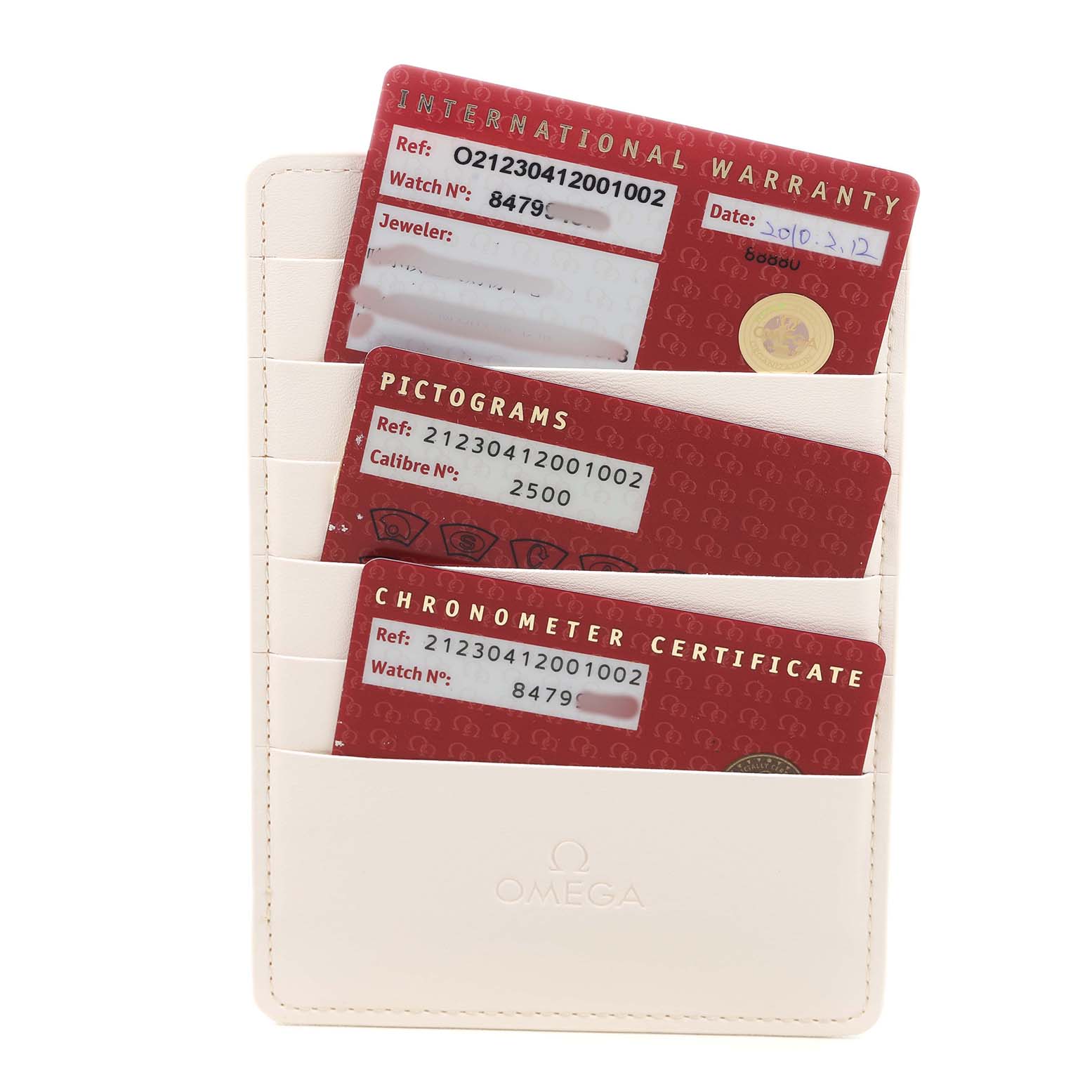 The image shows warranty cards for an Omega Seamaster 212.30.41.20.01.002 Men's Stainless Steel Black Dial, displayed in a cardholder.