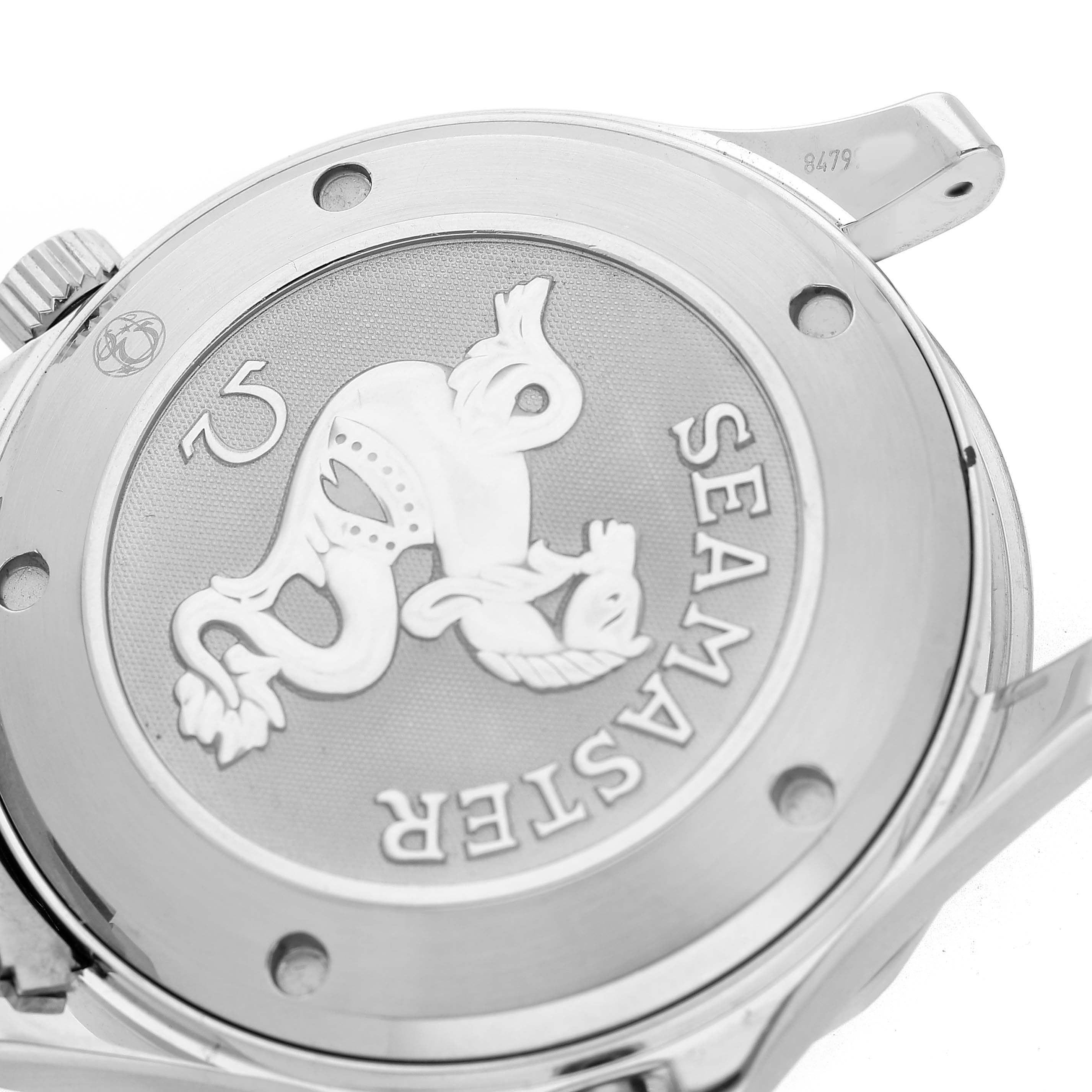 The image shows the back case of the Omega Seamaster 212.30.41.20.01.002 Men's Stainless Steel Black Dial watch, highlighting the engraved emblem and branding.