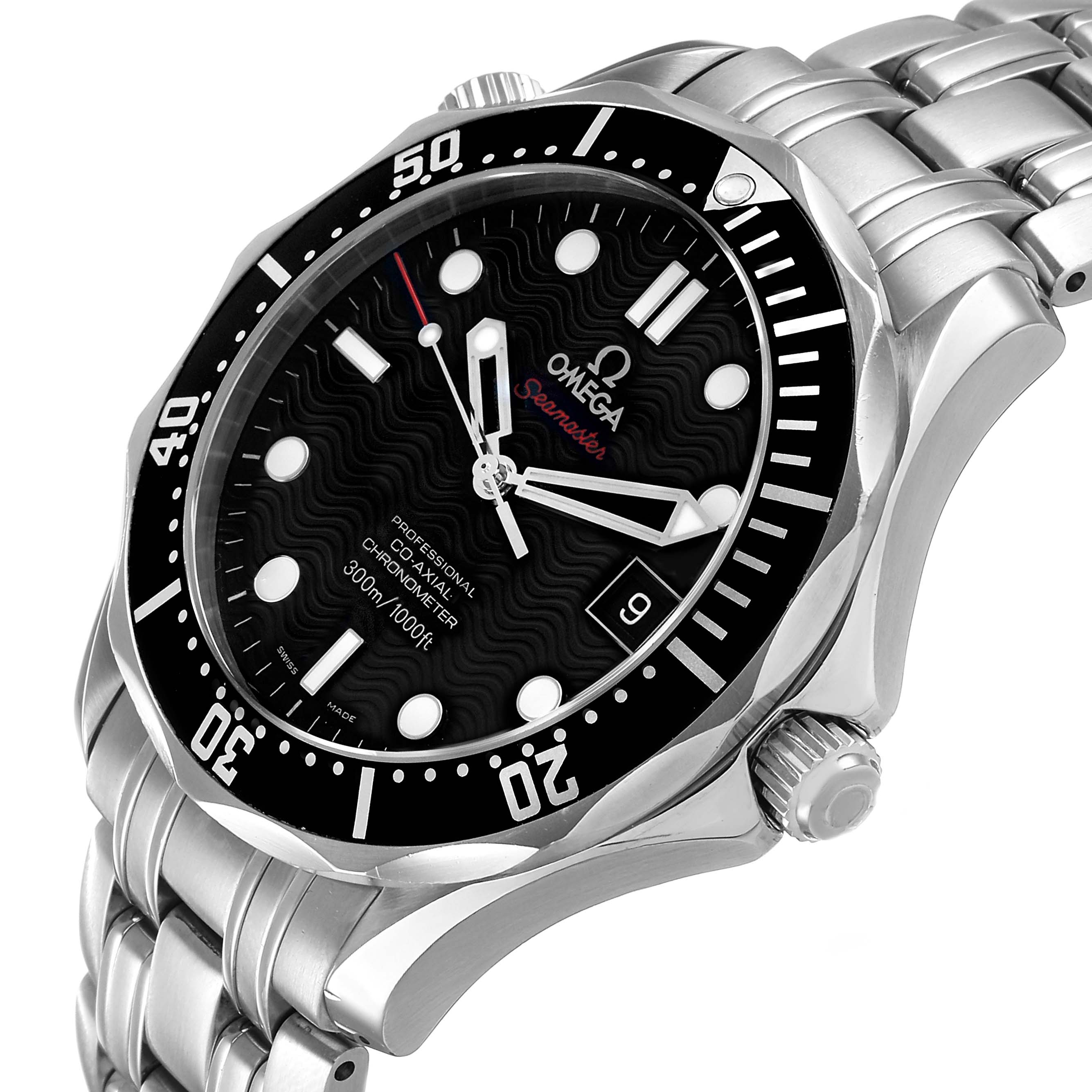 The Omega Seamaster 212.30.41.20.01.002 Men's Stainless Steel Black Dial watch is shown at a three-quarter angle, highlighting the bezel, dial, bracelet, and crown.
