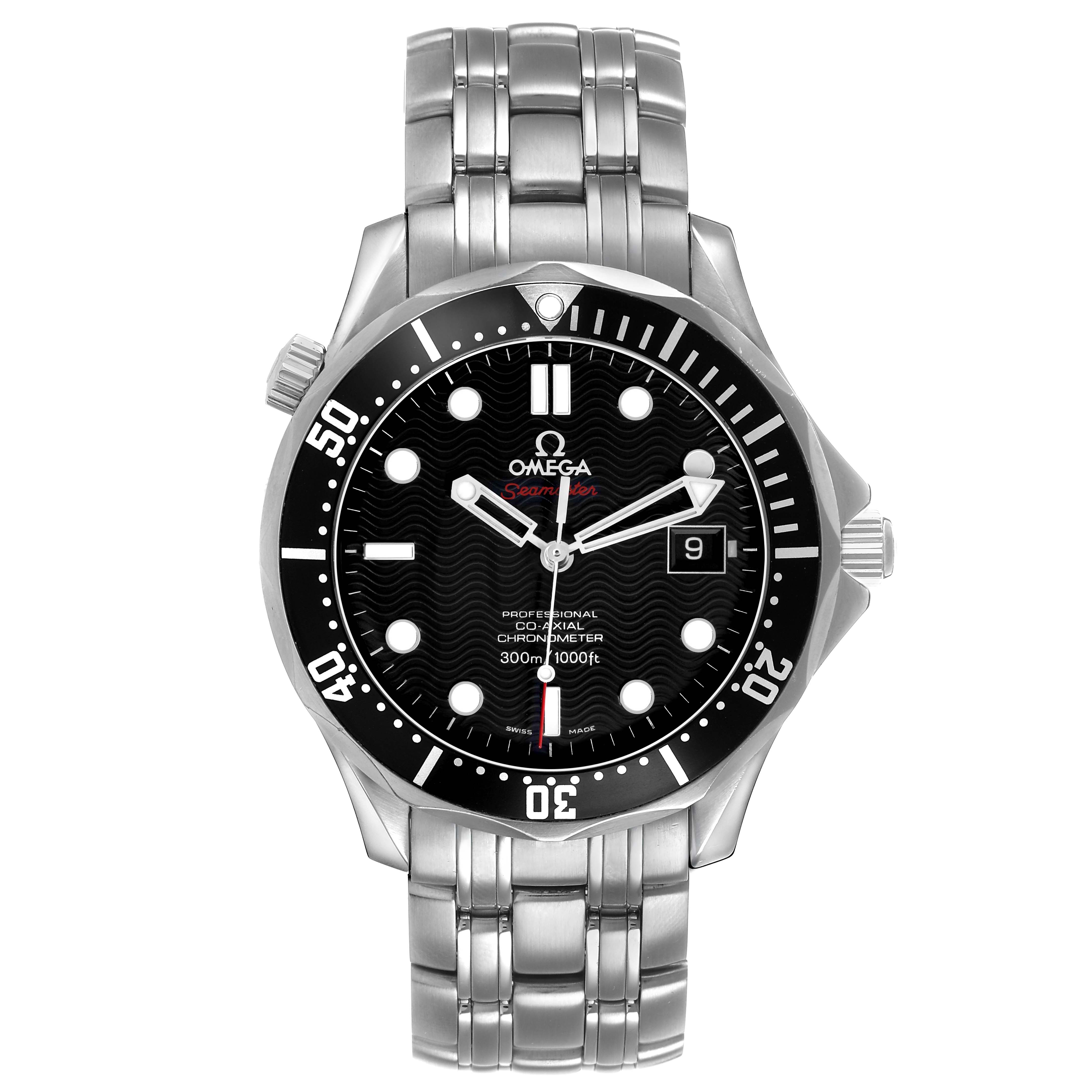 The Omega Seamaster 212.30.41.20.01.002 Men's Stainless Steel Black Dial watch is shown from the front, displaying the dial, bezel, and metal bracelet.