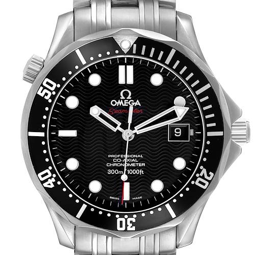 The Omega Seamaster 212.30.41.20.01.002 Men's Stainless Steel Black Dial watch is shown from a front angle, highlighting its dial, bezel, hands, and stainless steel bracelet.