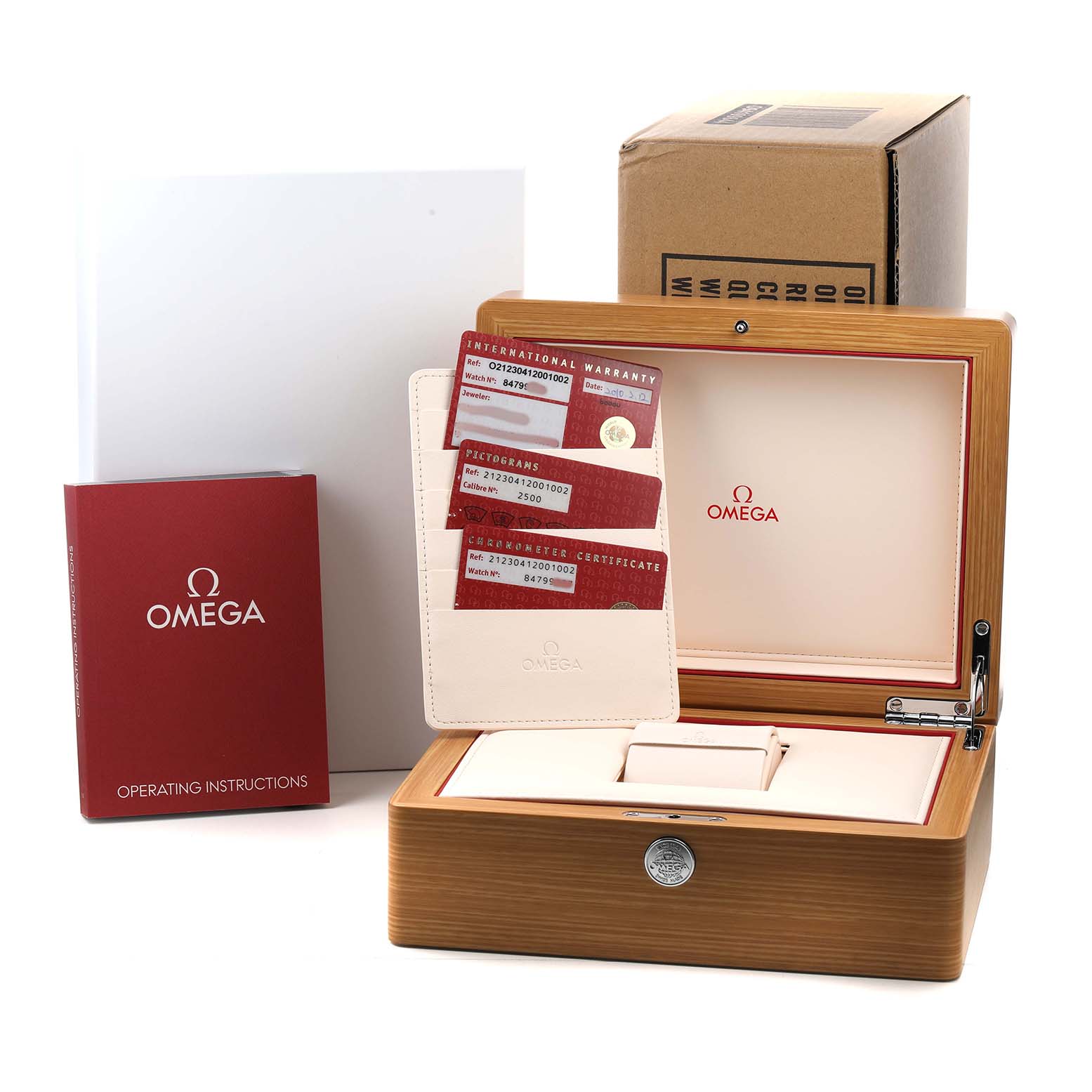 The Omega Seamaster 212.30.41.20.01.002 Men's Stainless Steel Black Dial package includes an open wooden box, warranty cards, and an operating instructions booklet, viewed at an angle.