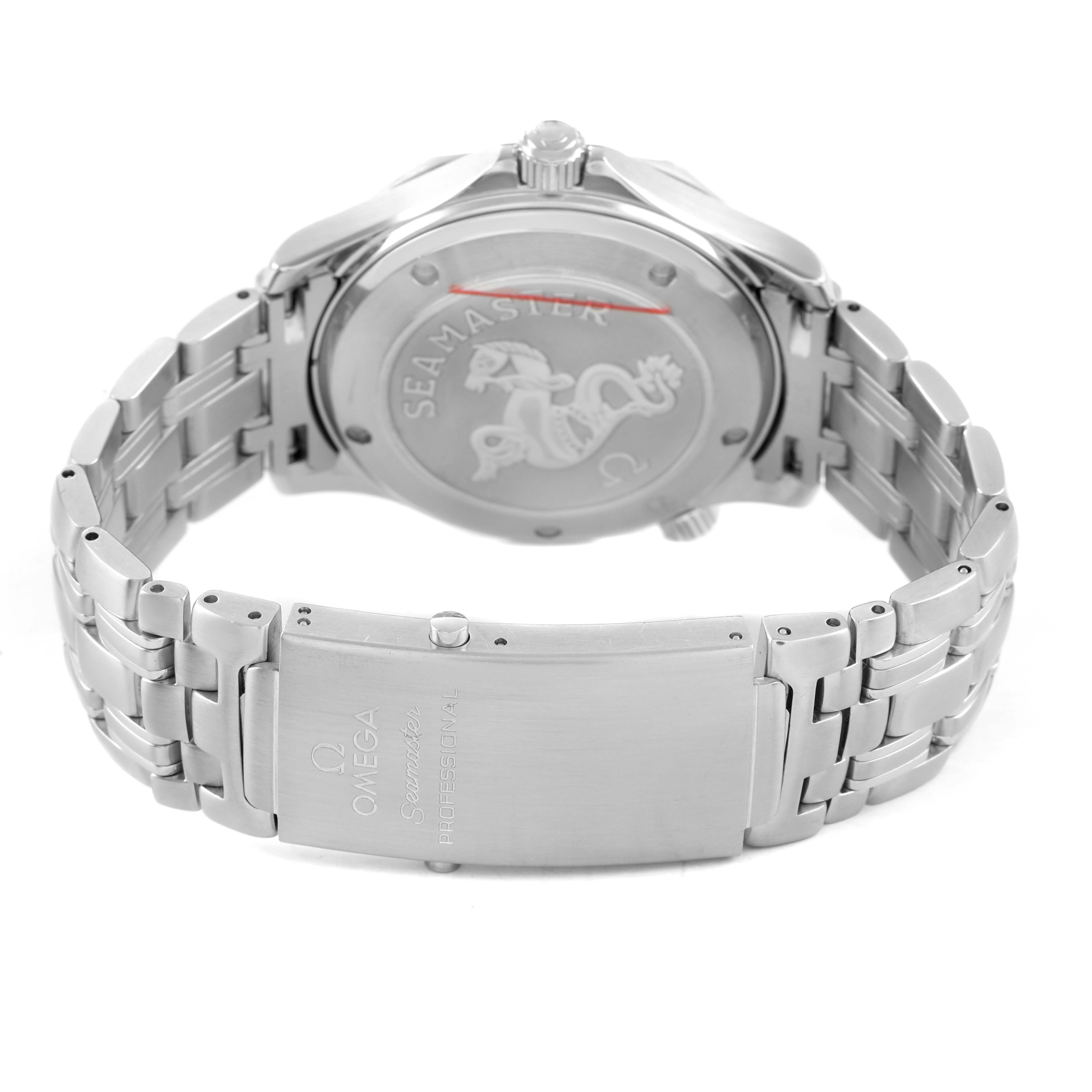 The image shows the back side of an Omega Seamaster 212.30.41.20.01.002 Men's Stainless Steel Black Dial, highlighting the case back and metal bracelet clasp.