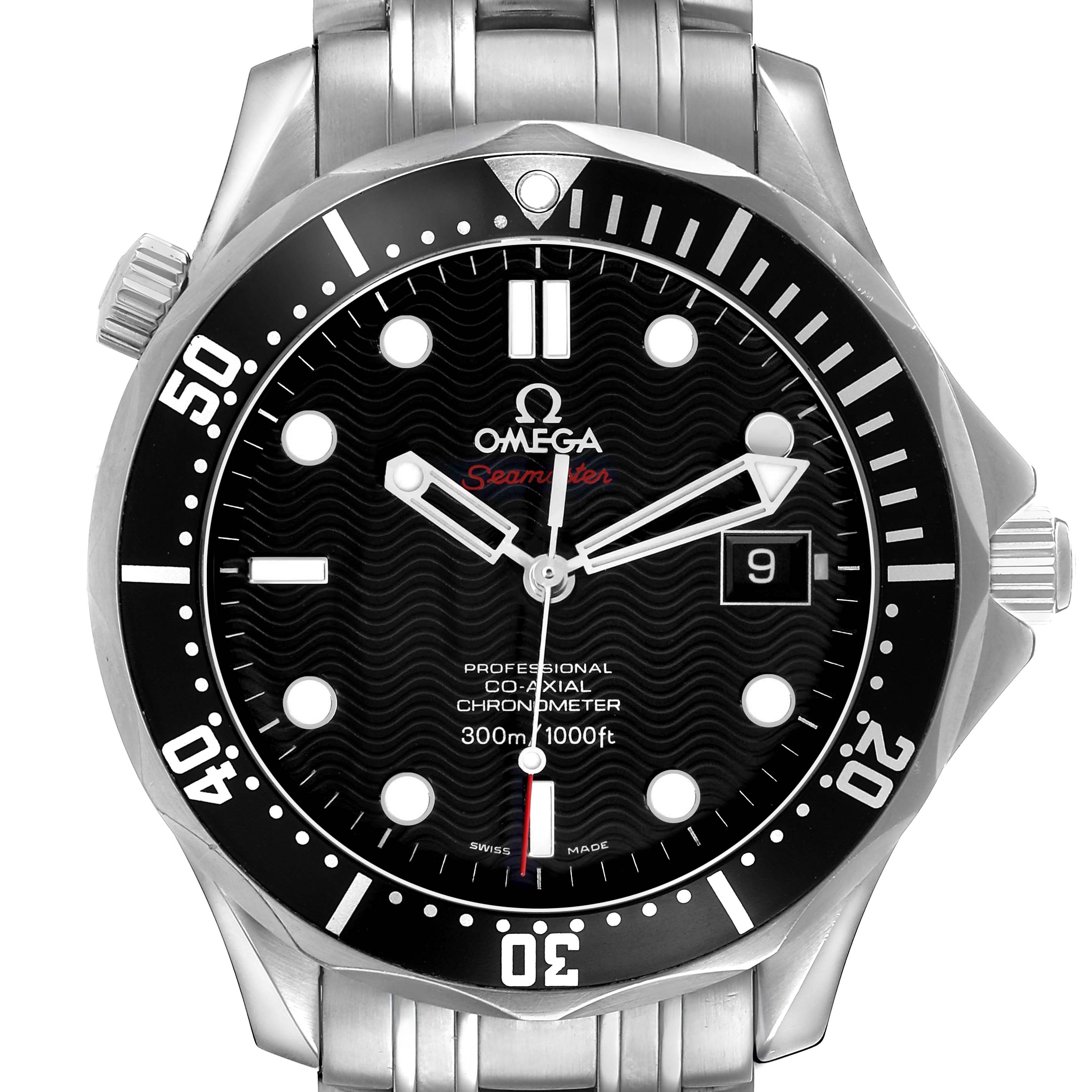 The Omega Seamaster 212.30.41.20.01.002 Men's Stainless Steel Black Dial watch is shown from a frontal angle, displaying the dial, bezel, crown, and part of the bracelet.