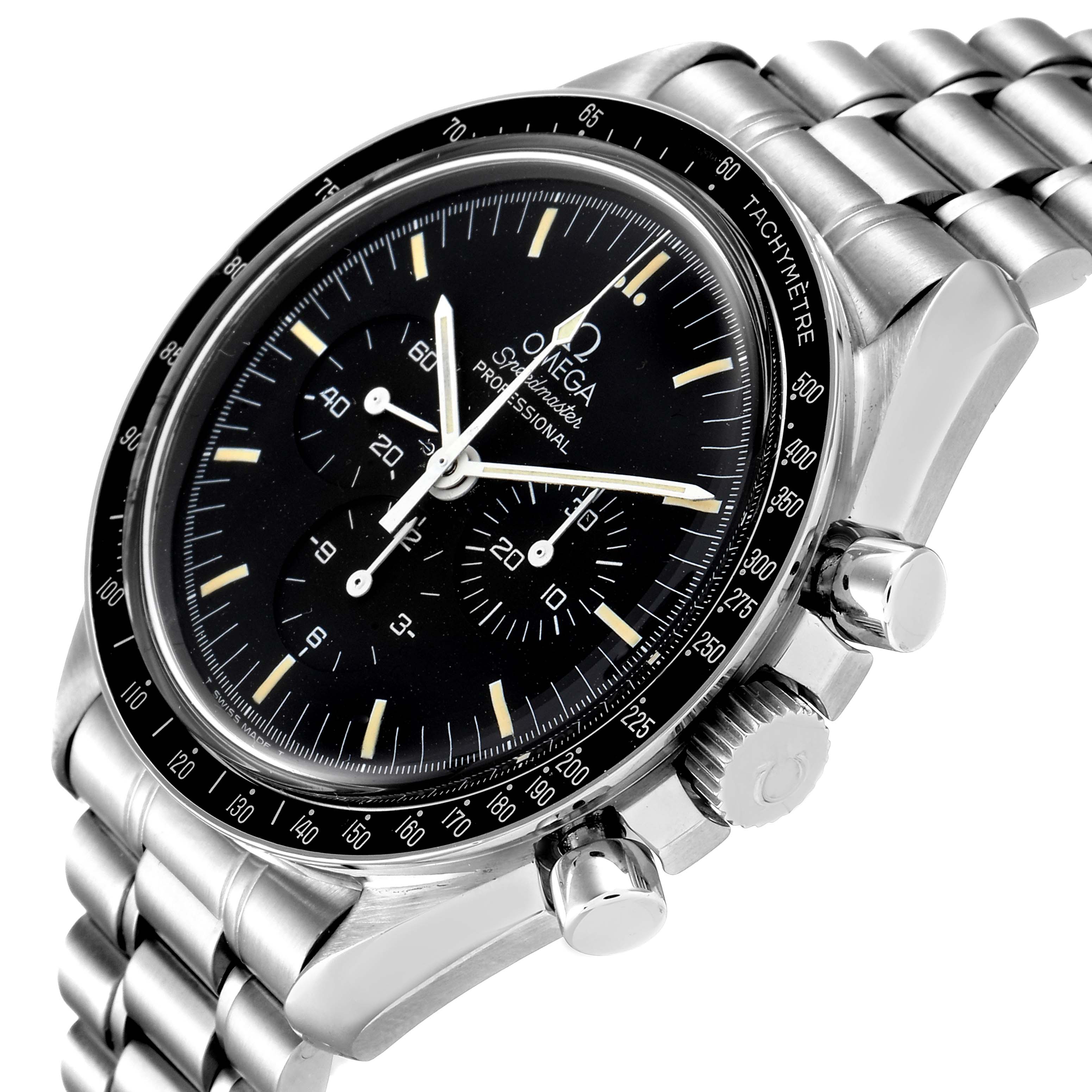 The image shows an angled view of the Omega Speedmaster 3590.50.00 Men's Stainless Steel Black Dial 3590.50.00 Men's Stainless Steel Black Dial watch, highlighting its dial, bezel, and bracelet.