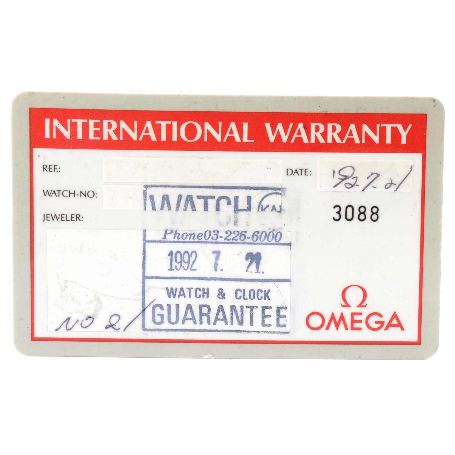 The image shows an "International Warranty" card for an Omega Speedmaster 3590.50.00 Men's Stainless Steel Black Dial 3590.50.00 Men's Stainless Steel Black Dial watch.