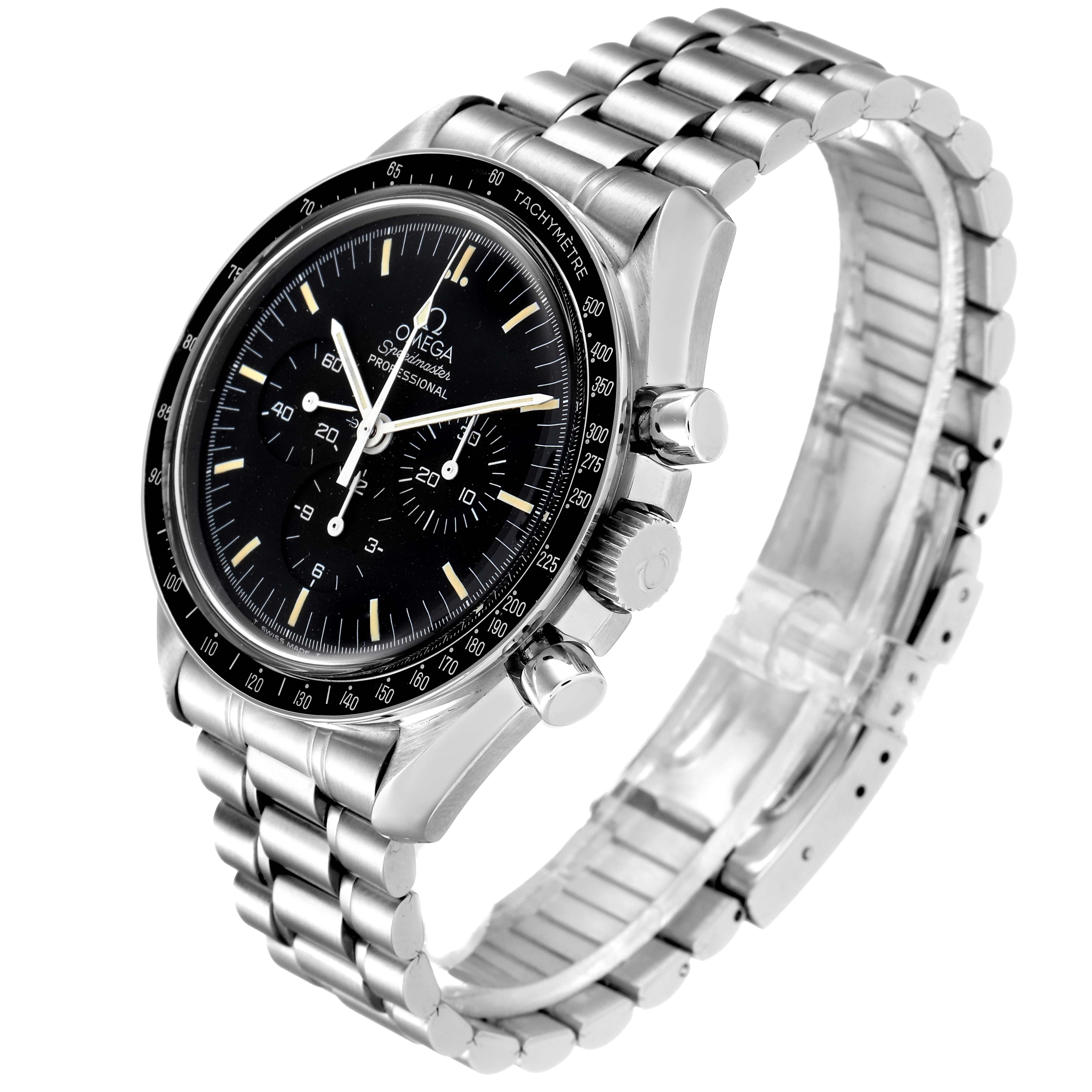 The image shows an Omega Speedmaster 3590.50.00 Men's Stainless Steel Black Dial 3590.50.00 Men's Stainless Steel Black Dial watch at a three-quarter front angle, highlighting its black dial, tachymeter bezel, and metal bracelet.