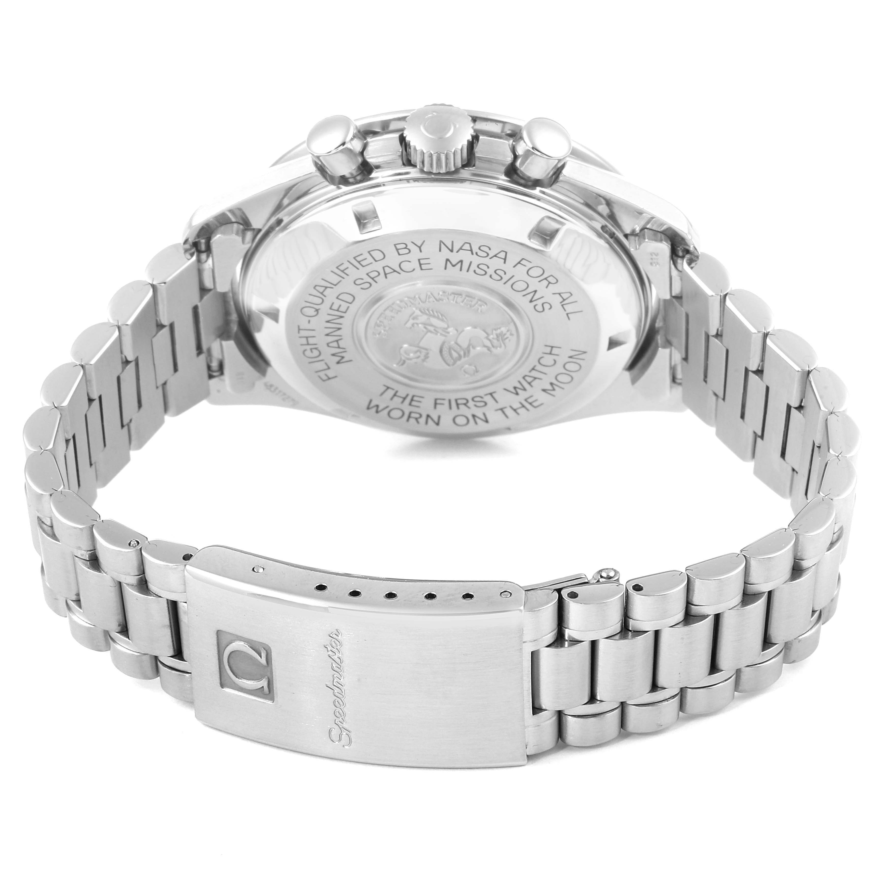 The image shows the back case and bracelet of the Omega Speedmaster 3590.50.00 Men's Stainless Steel Black Dial 3590.50.00 Men's Stainless Steel Black Dial watch, highlighting the engravings and clasp.