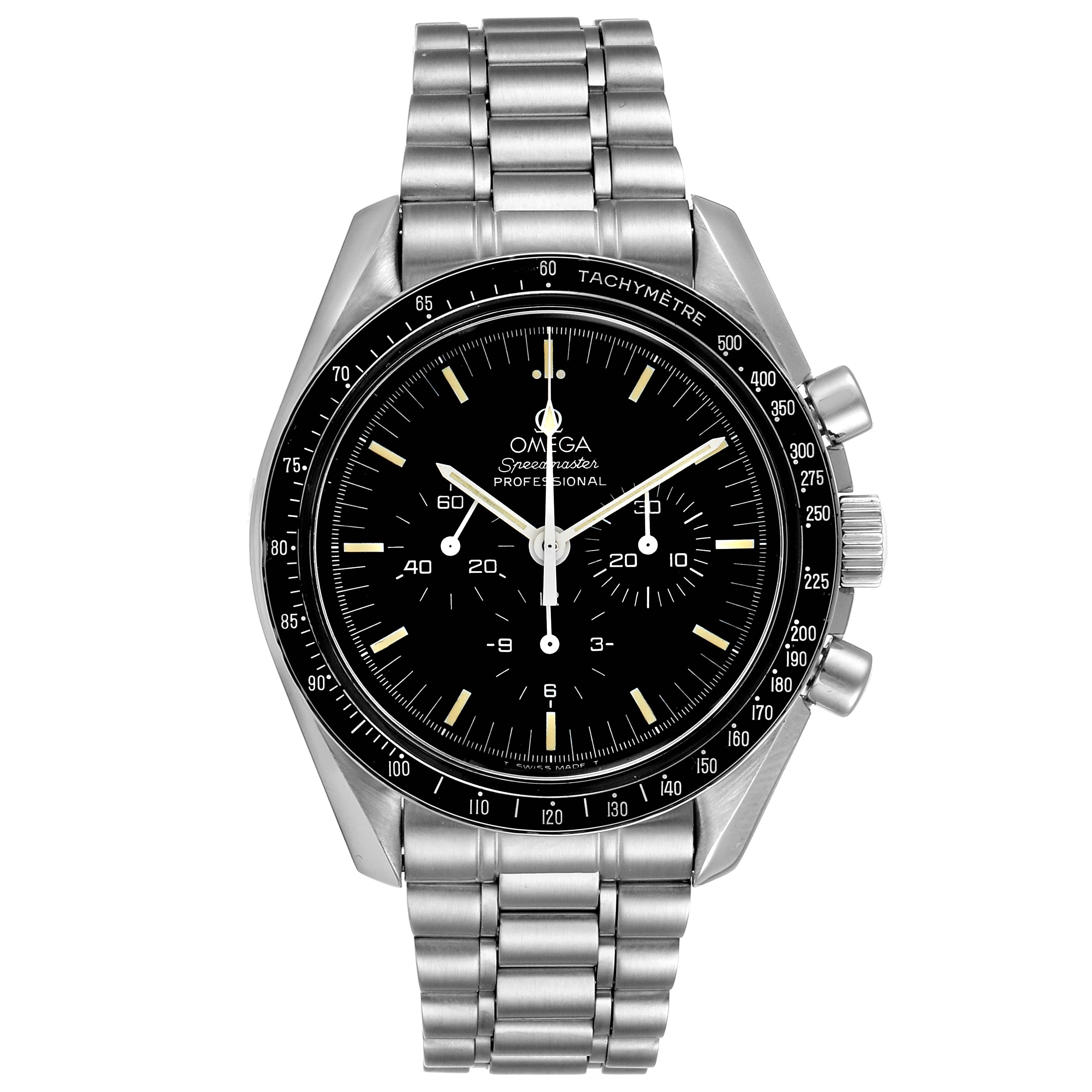 The Omega Speedmaster 3590.50.00 Men's Stainless Steel Black Dial 3590.50.00 Men's Stainless Steel Black Dial watch is shown head-on, displaying its face, bezel, pushers, and stainless steel bracelet.