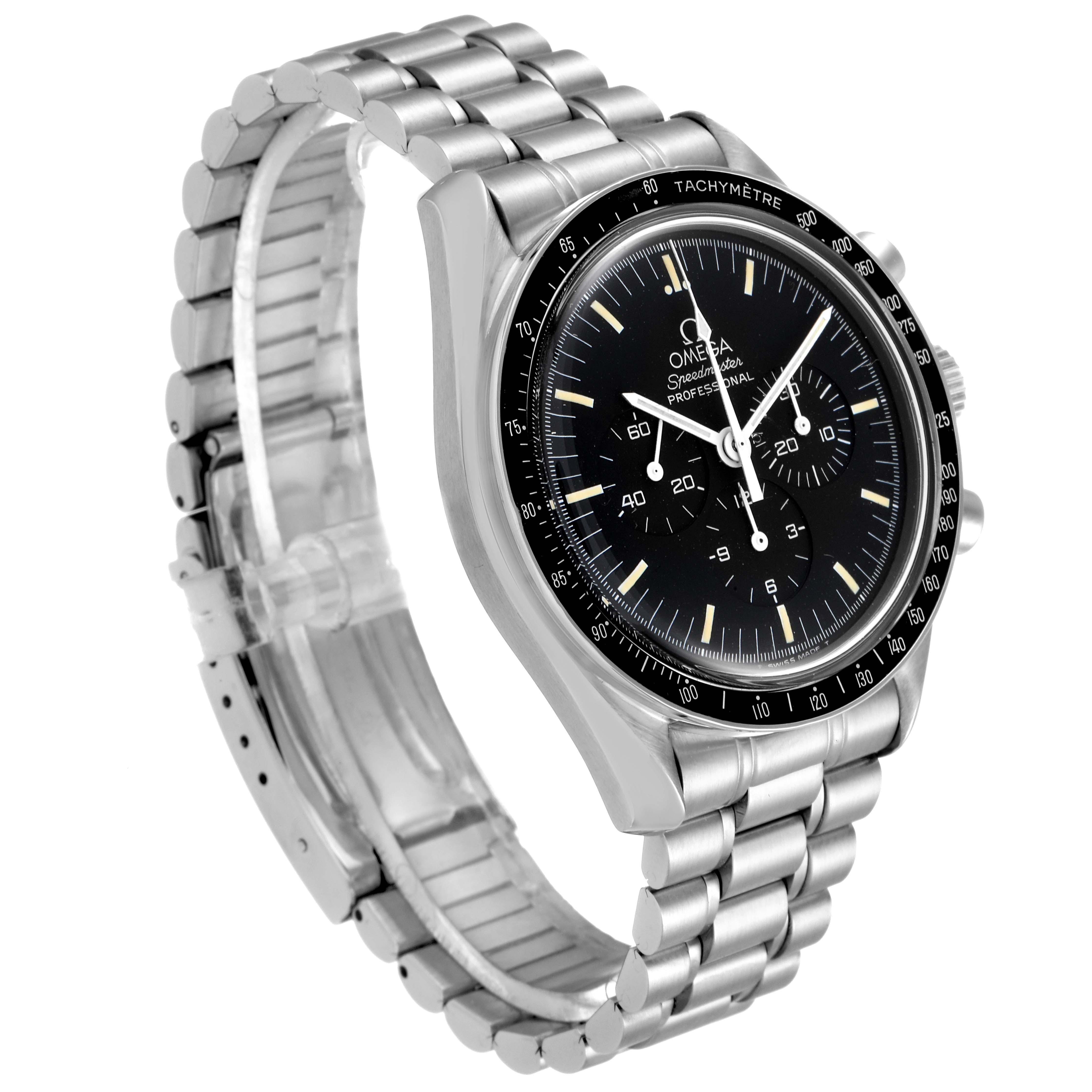 This image shows an Omega Speedmaster 3590.50.00 Men's Stainless Steel Black Dial 3590.50.00 Men's Stainless Steel Black Dial watch from a front-side angle, highlighting its black dial and stainless steel bracelet.