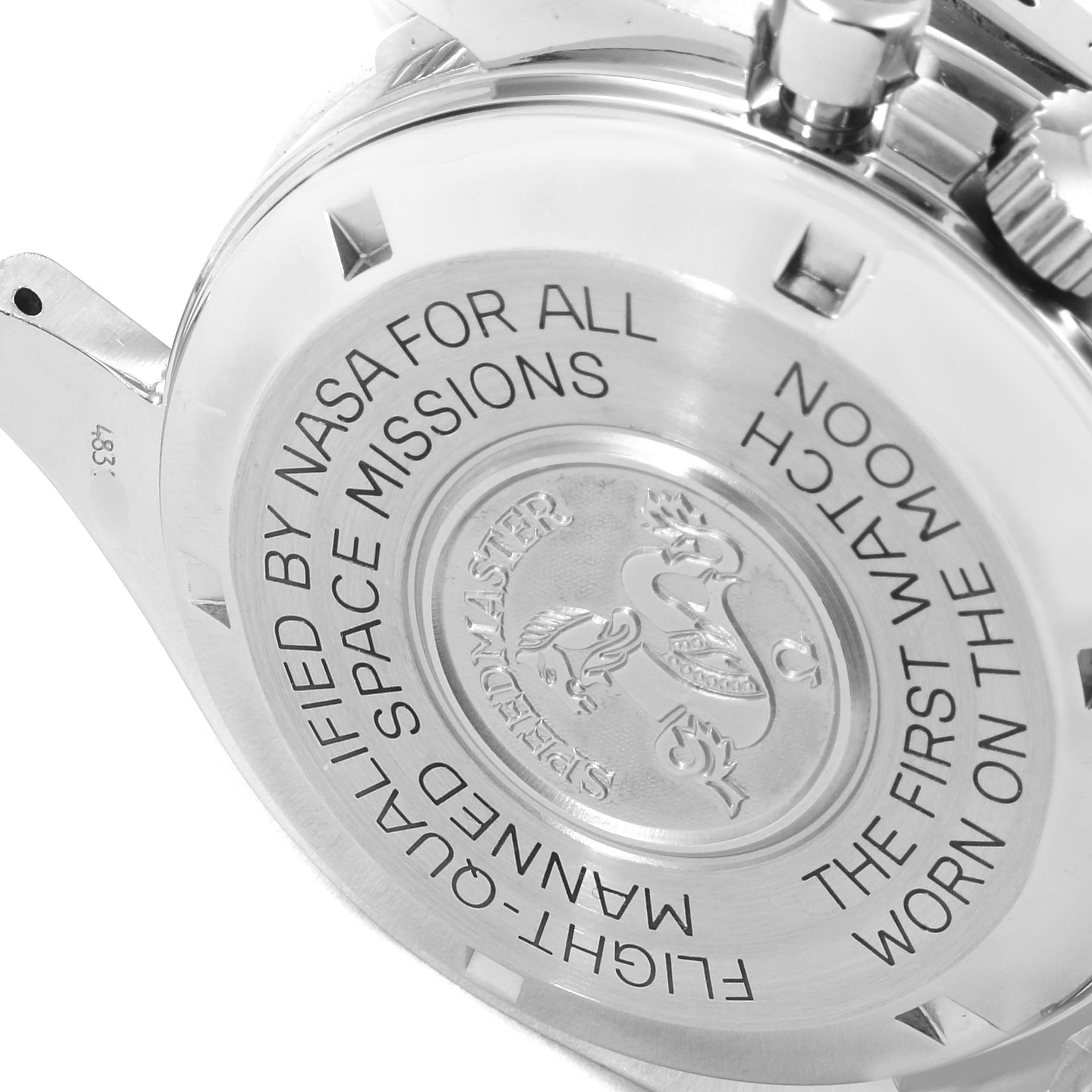 The image shows the case back of an Omega Speedmaster 3590.50.00 Men's Stainless Steel Black Dial 3590.50.00 Men's Stainless Steel Black Dial watch, highlighting its NASA space mission qualification.