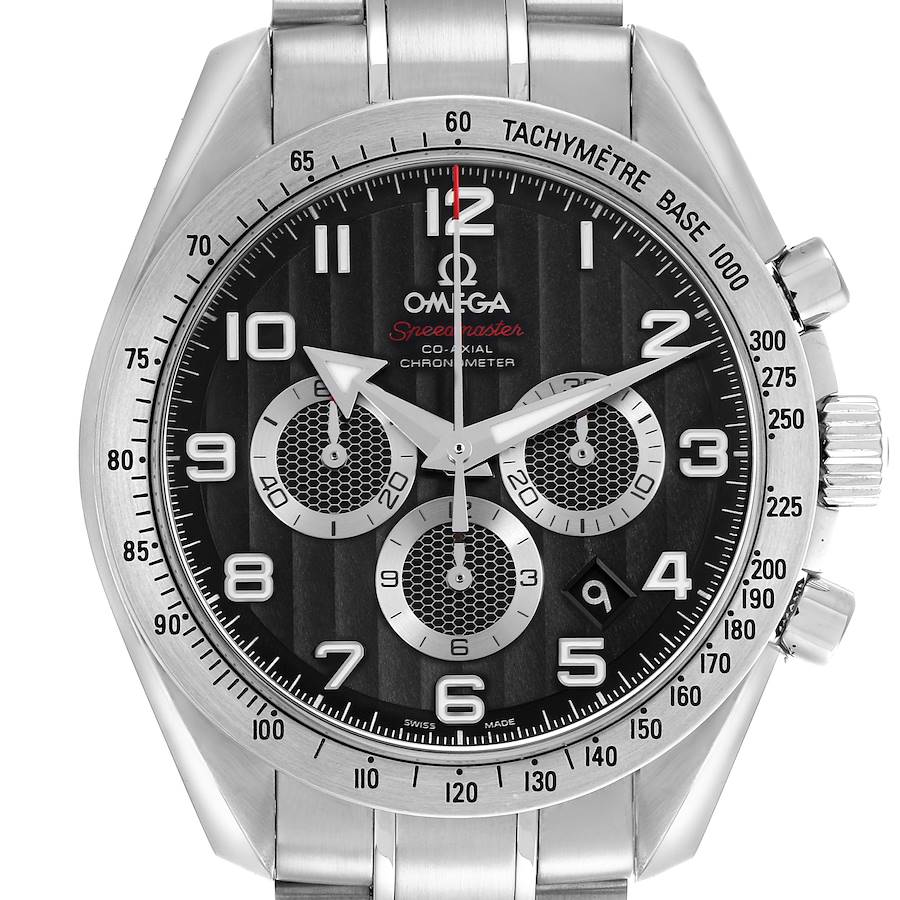 The Omega Speedmaster is shown from the front, displaying its bezel, dial, subdials, and stainless steel bracelet.