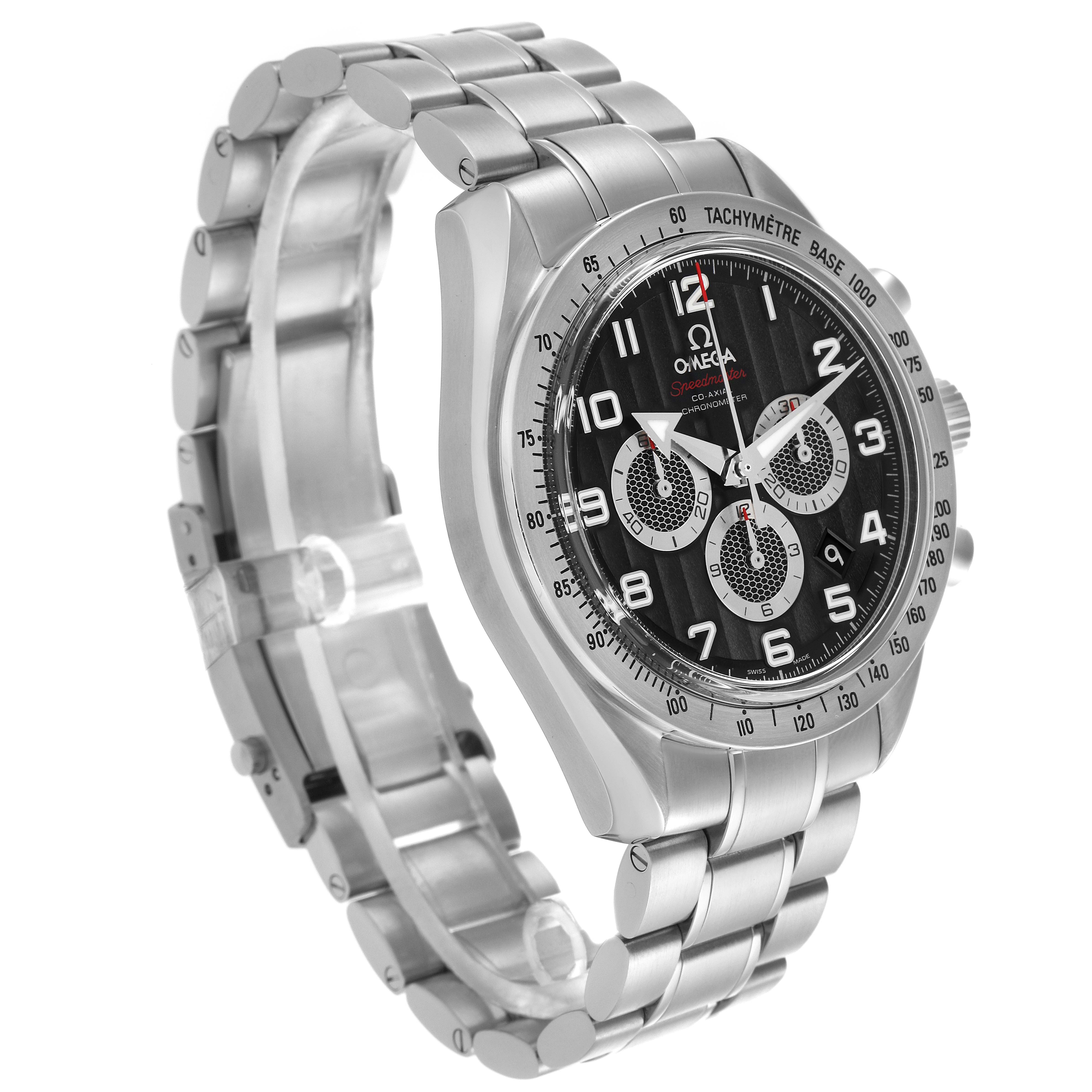 The Omega Speedmaster 321.10.44.50.01.001 Men
s Stainless Steel Black Dial 321.10.44.50.01.001 Men
s Stainless Steel Black Dial watch is shown at a three-quarter angle, displaying the face, bezel, and metal bracelet.