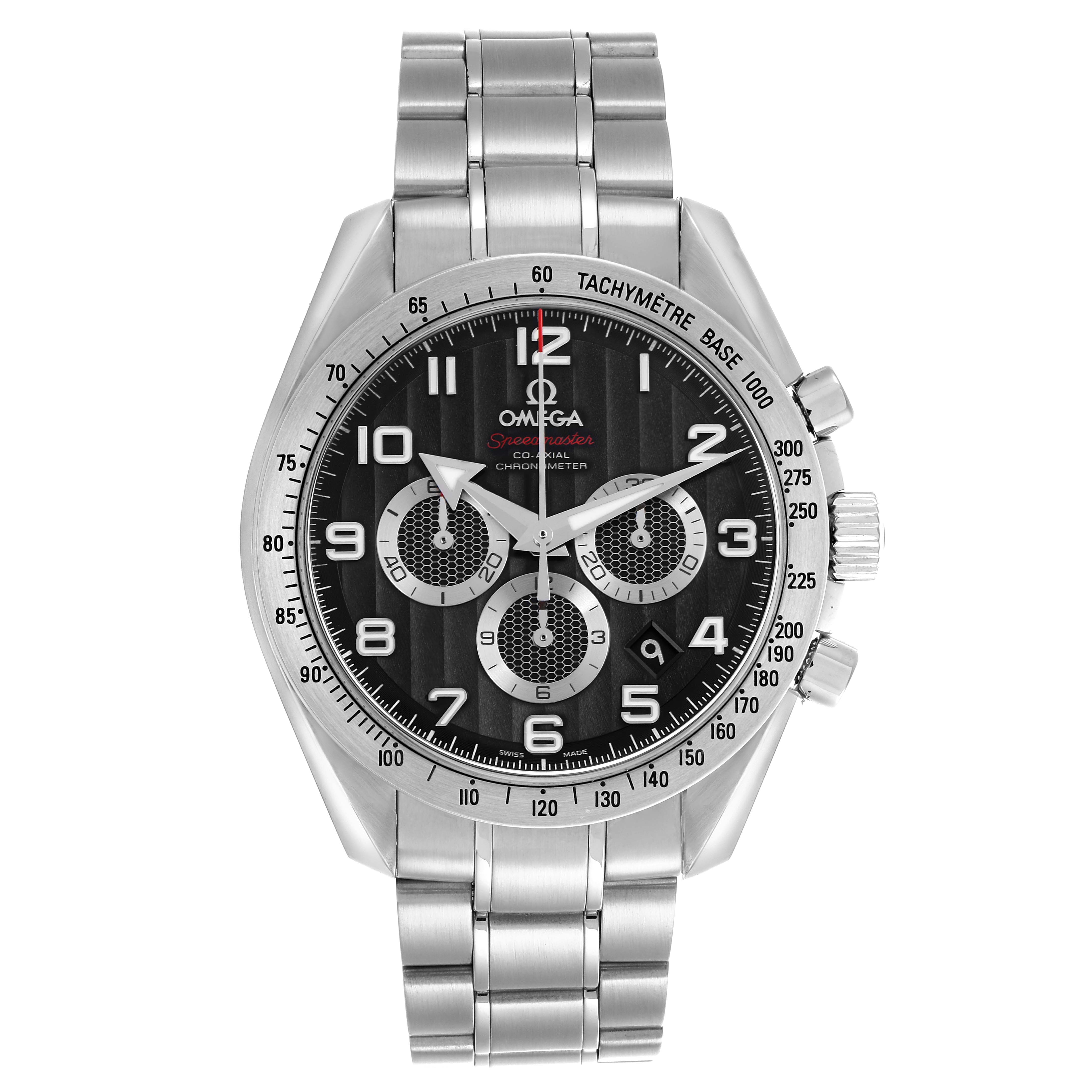 The Omega Speedmaster 321.10.44.50.01.001 Men
s Stainless Steel Black Dial 321.10.44.50.01.001 Men
s Stainless Steel Black Dial watch is shown from the front, displaying the full face, bezel, and stainless steel bracelet.