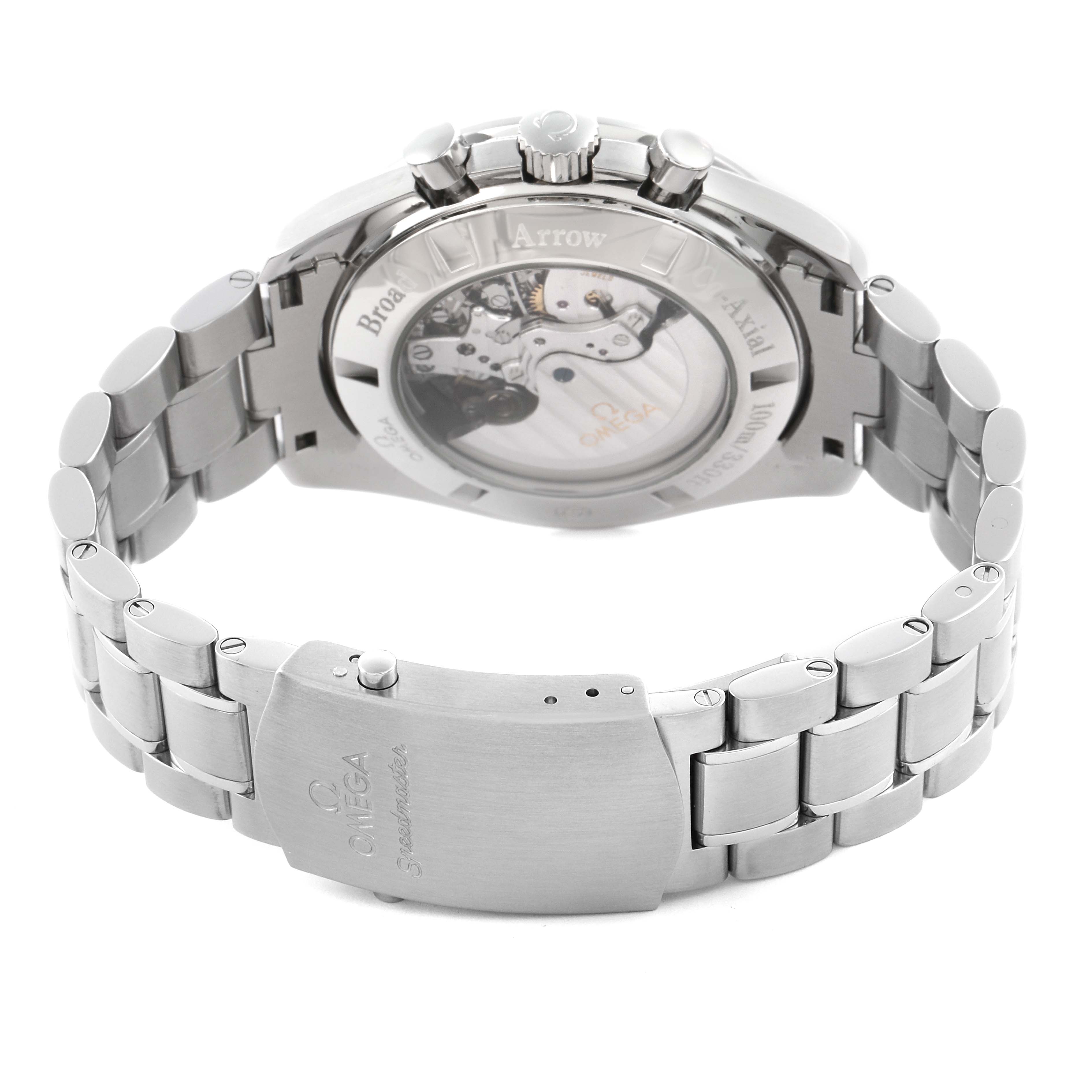 The Omega Speedmaster 321.10.44.50.01.001 Men
s Stainless Steel Black Dial 321.10.44.50.01.001 Men
s Stainless Steel Black Dial watch is shown from the back, highlighting the stainless steel bracelet, clasp, and transparent case back.