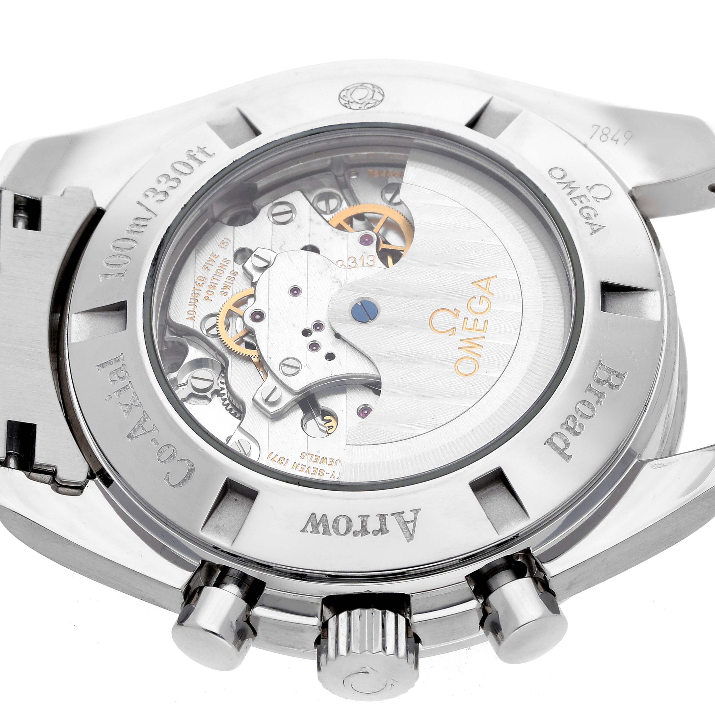 The image shows the back of the Omega Speedmaster 321.10.44.50.01.001 Men
s Stainless Steel Black Dial 321.10.44.50.01.001 Men
s Stainless Steel Black Dial, showcasing the movement through a transparent case back.