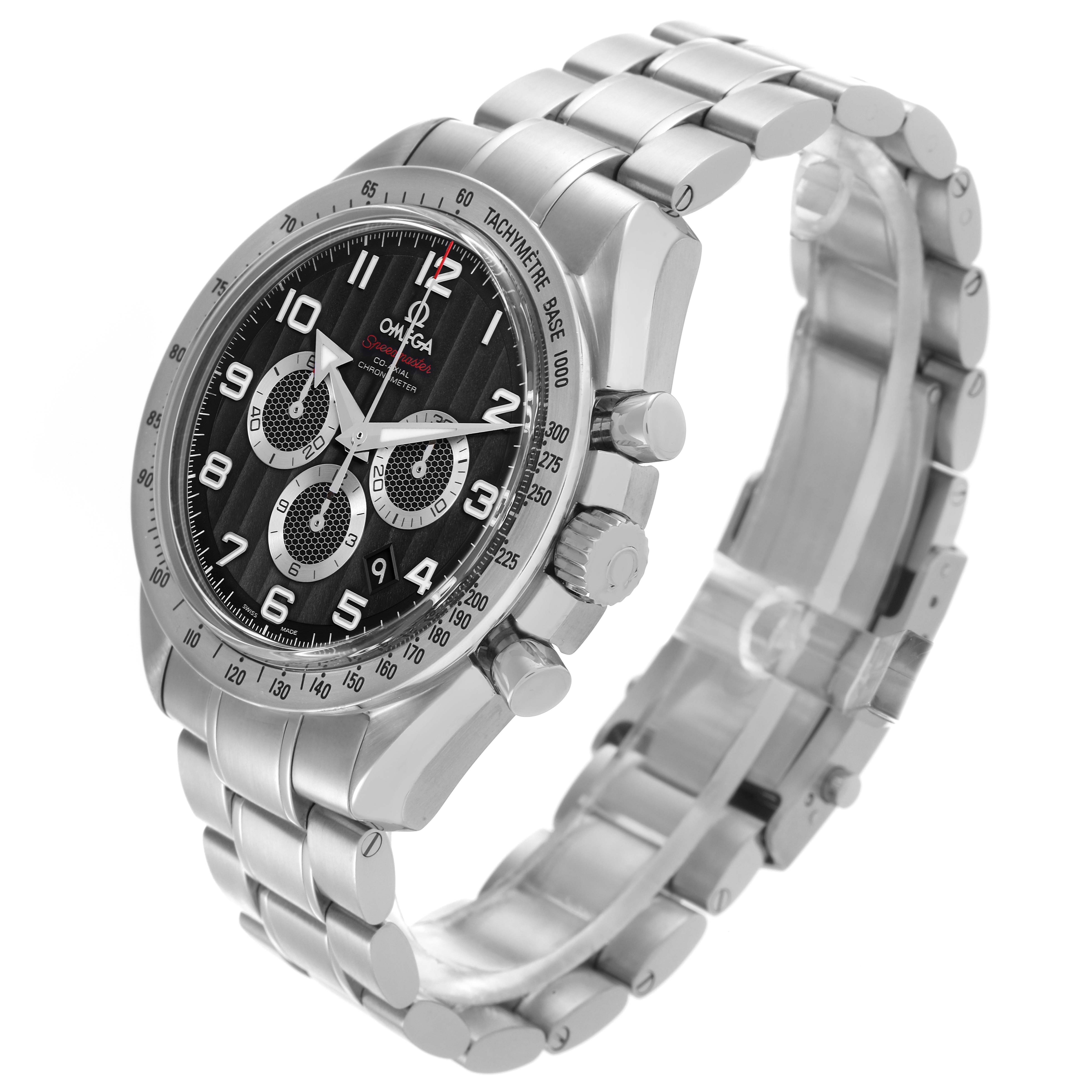 The Omega Speedmaster 321.10.44.50.01.001 Men
s Stainless Steel Black Dial 321.10.44.50.01.001 Men
s Stainless Steel Black Dial watch is shown at a three-quarter angle, highlighting the face, bezel, crown, and bracelet.