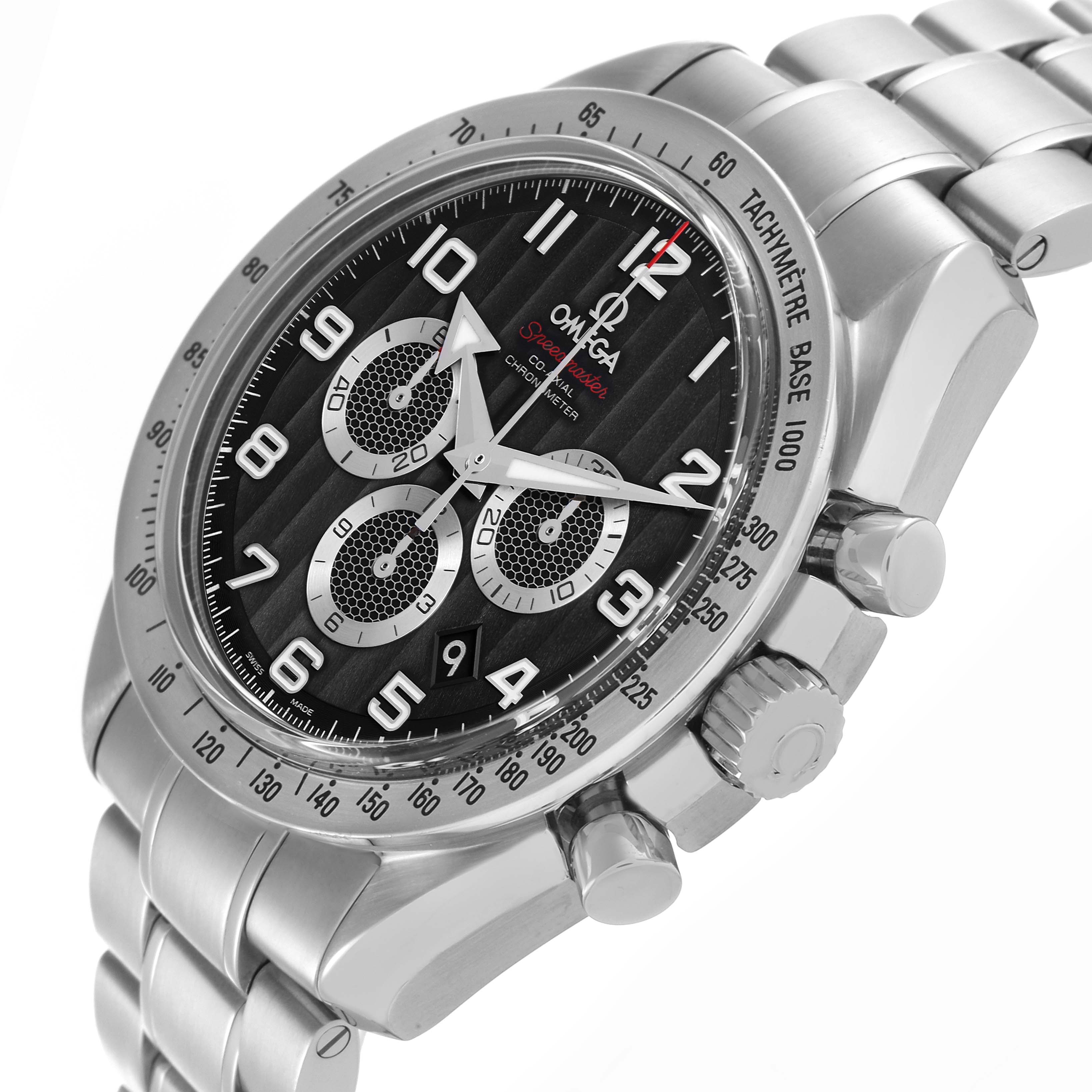 The Omega Speedmaster 321.10.44.50.01.001 Men
s Stainless Steel Black Dial 321.10.44.50.01.001 Men
s Stainless Steel Black Dial watch is shown from a three-quarter angle, highlighting its dial, bezel, crown, and bracelet.