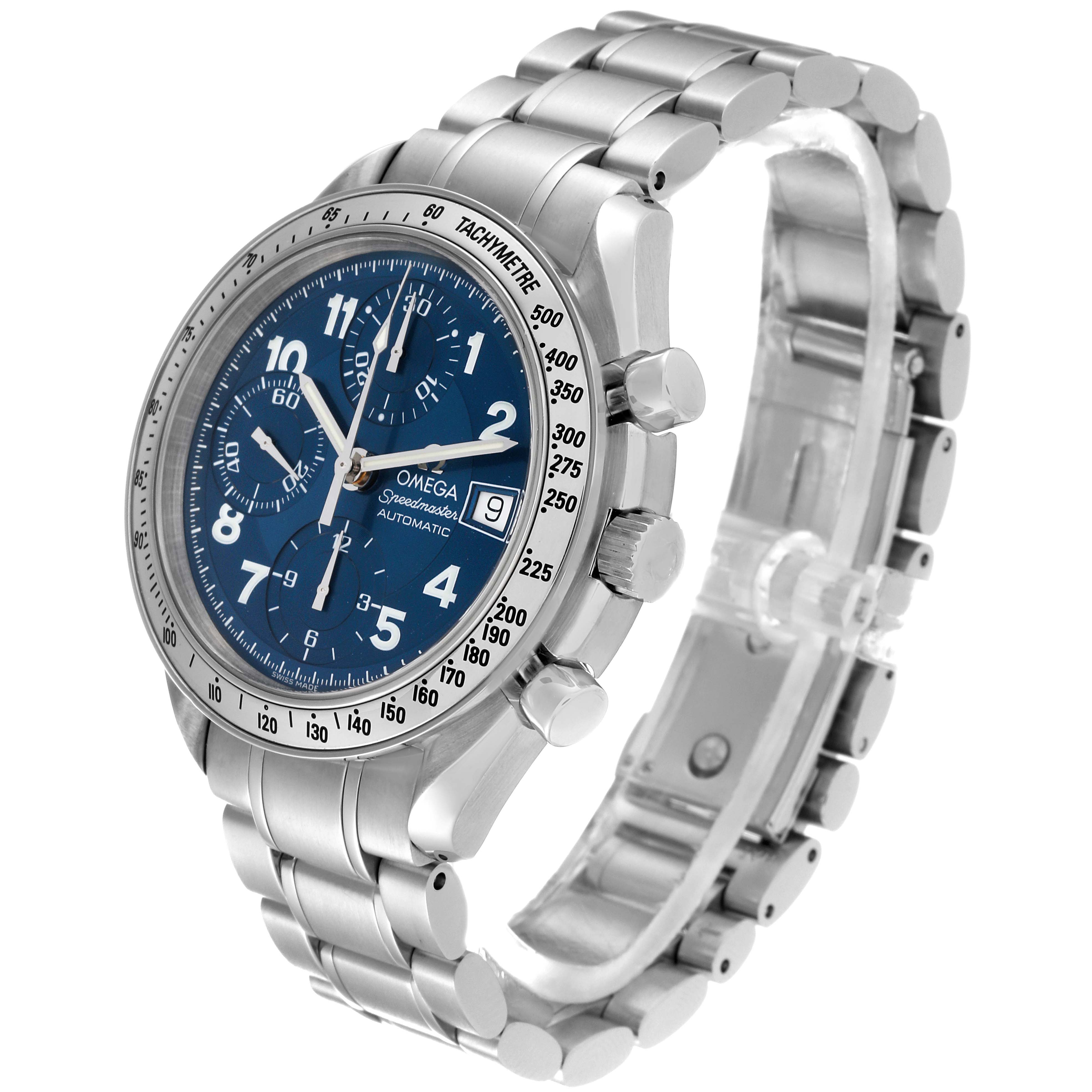 This image shows an Omega Speedmaster 3513.82.00 Men's Stainless Steel Blue Dial 3513.82.00 Men's Stainless Steel Blue Dial watch angled from the front-left, highlighting its face, bezel, and bracelet.