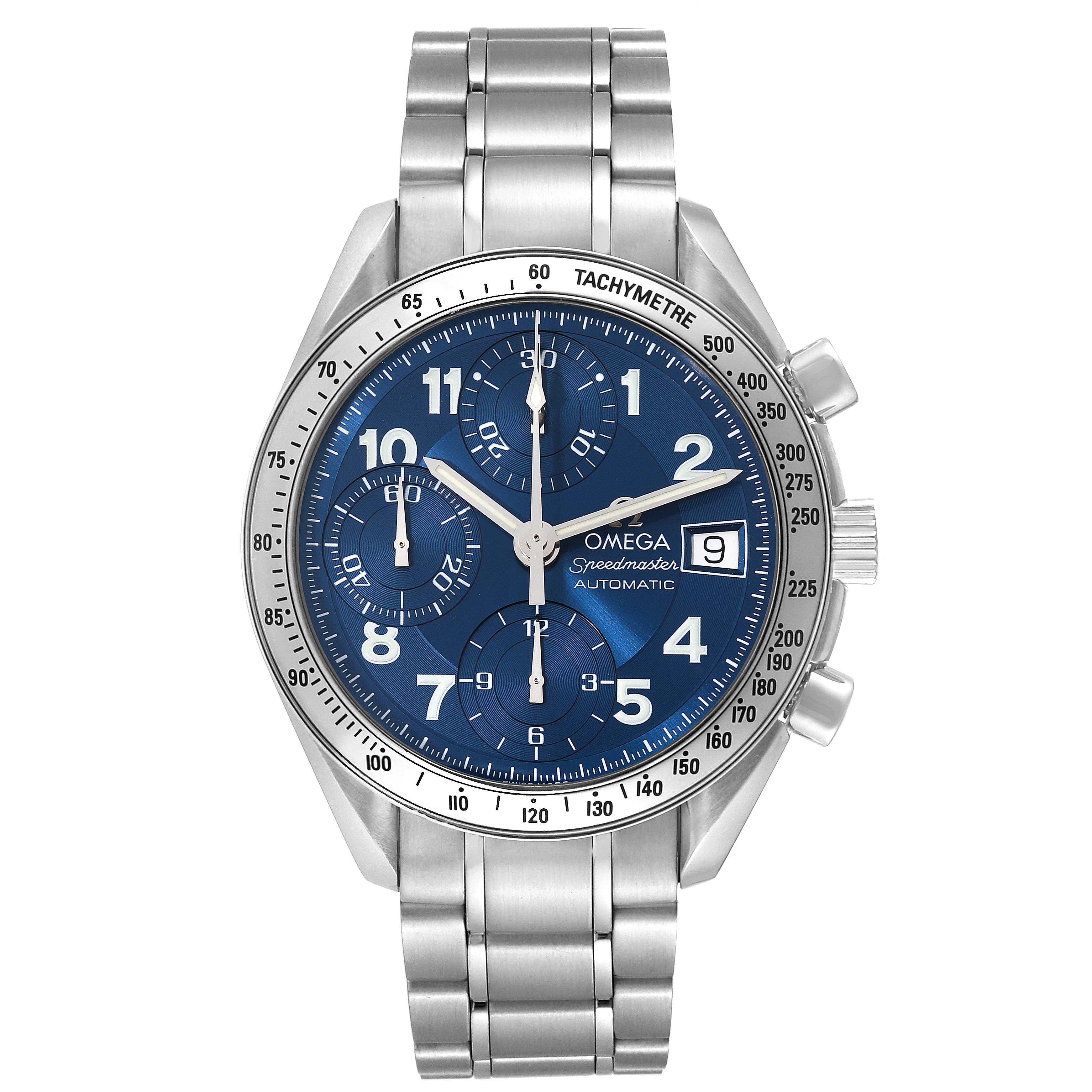 This image shows a front view of an Omega Speedmaster 3513.82.00 Men's Stainless Steel Blue Dial 3513.82.00 Men's Stainless Steel Blue Dial watch featuring a blue dial, chronograph subdials, a date window, and a tachymeter bezel.
