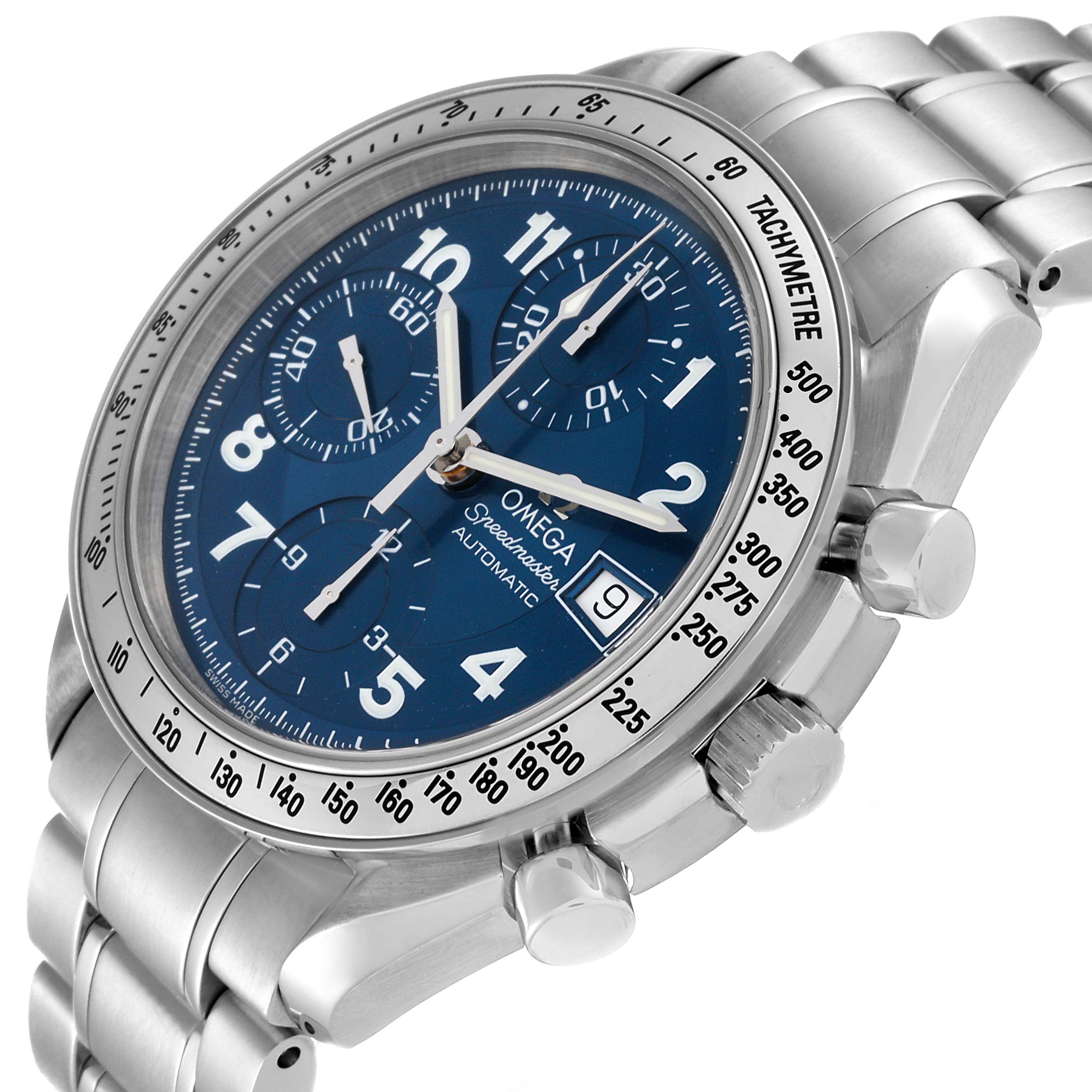 The image shows an Omega Speedmaster 3513.82.00 Men's Stainless Steel Blue Dial 3513.82.00 Men's Stainless Steel Blue Dial watch from an angled side view, highlighting its blue dial, bezel, and stainless steel bracelet.