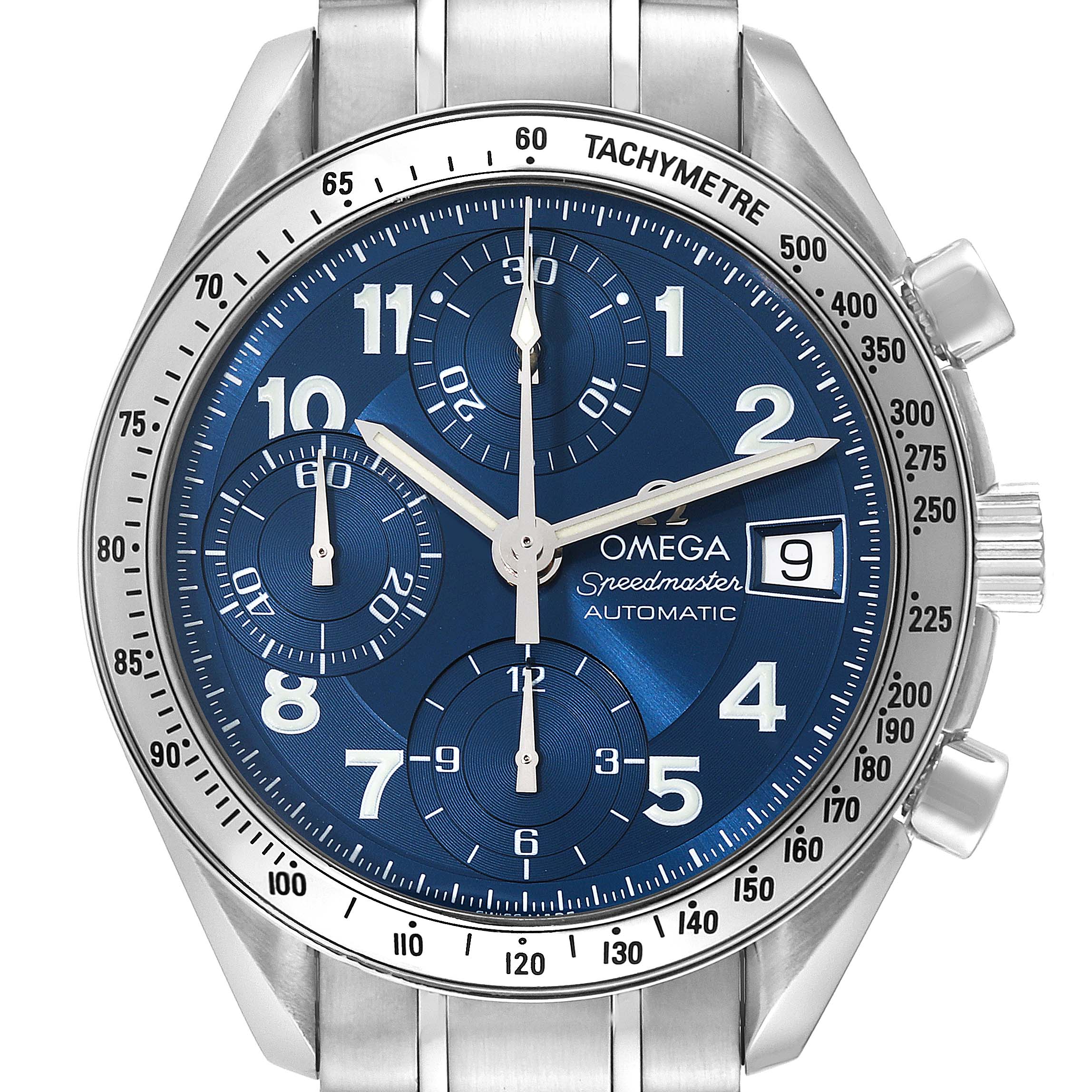 The Omega Speedmaster 3513.82.00 Men's Stainless Steel Blue Dial 3513.82.00 Men's Stainless Steel Blue Dial watch is shown from the front, highlighting its blue dial, tachymeter, chronograph subdials, and date window.