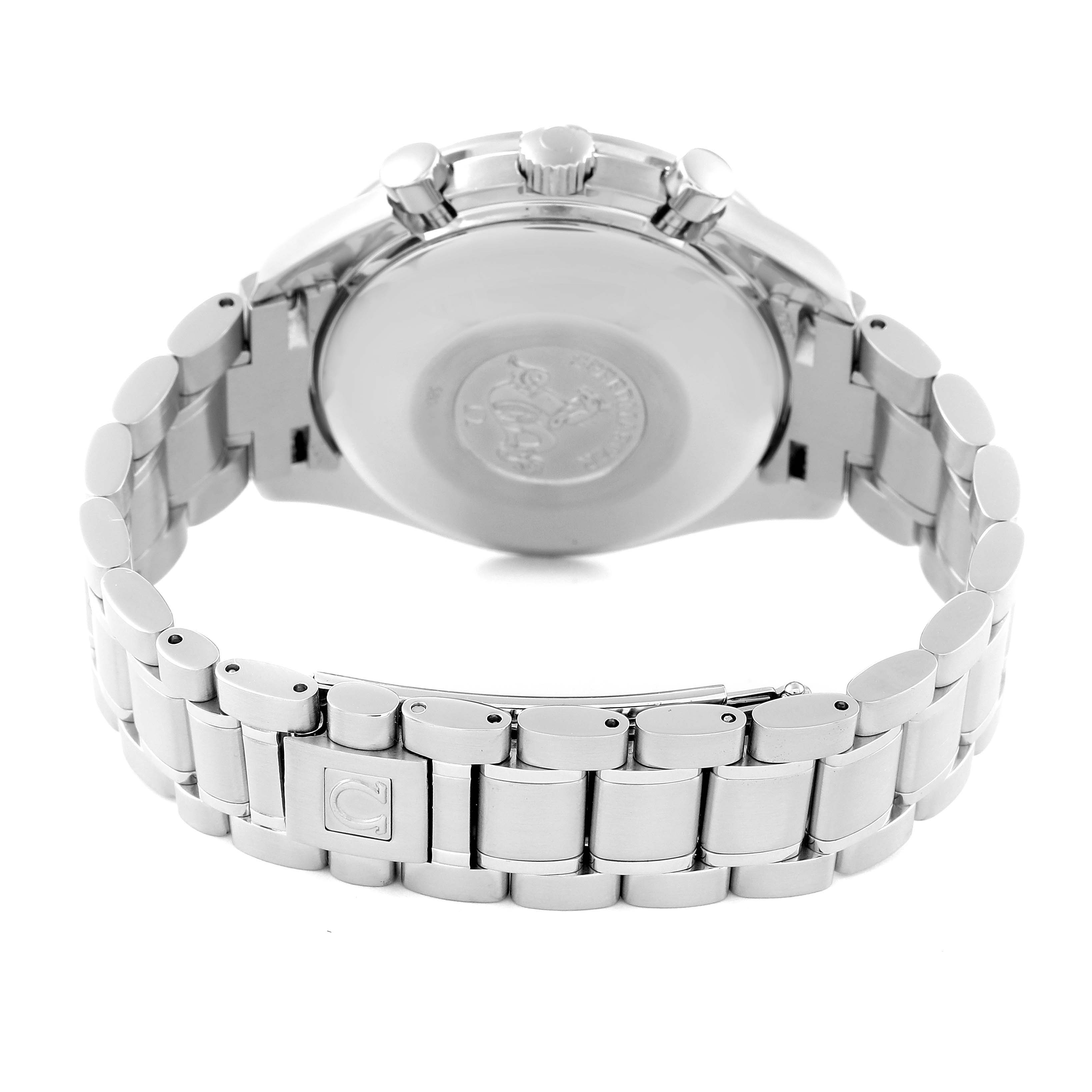 The image shows the back view of an Omega Speedmaster 3513.82.00 Men's Stainless Steel Blue Dial 3513.82.00 Men's Stainless Steel Blue Dial watch, highlighting the stainless steel case back and bracelet.