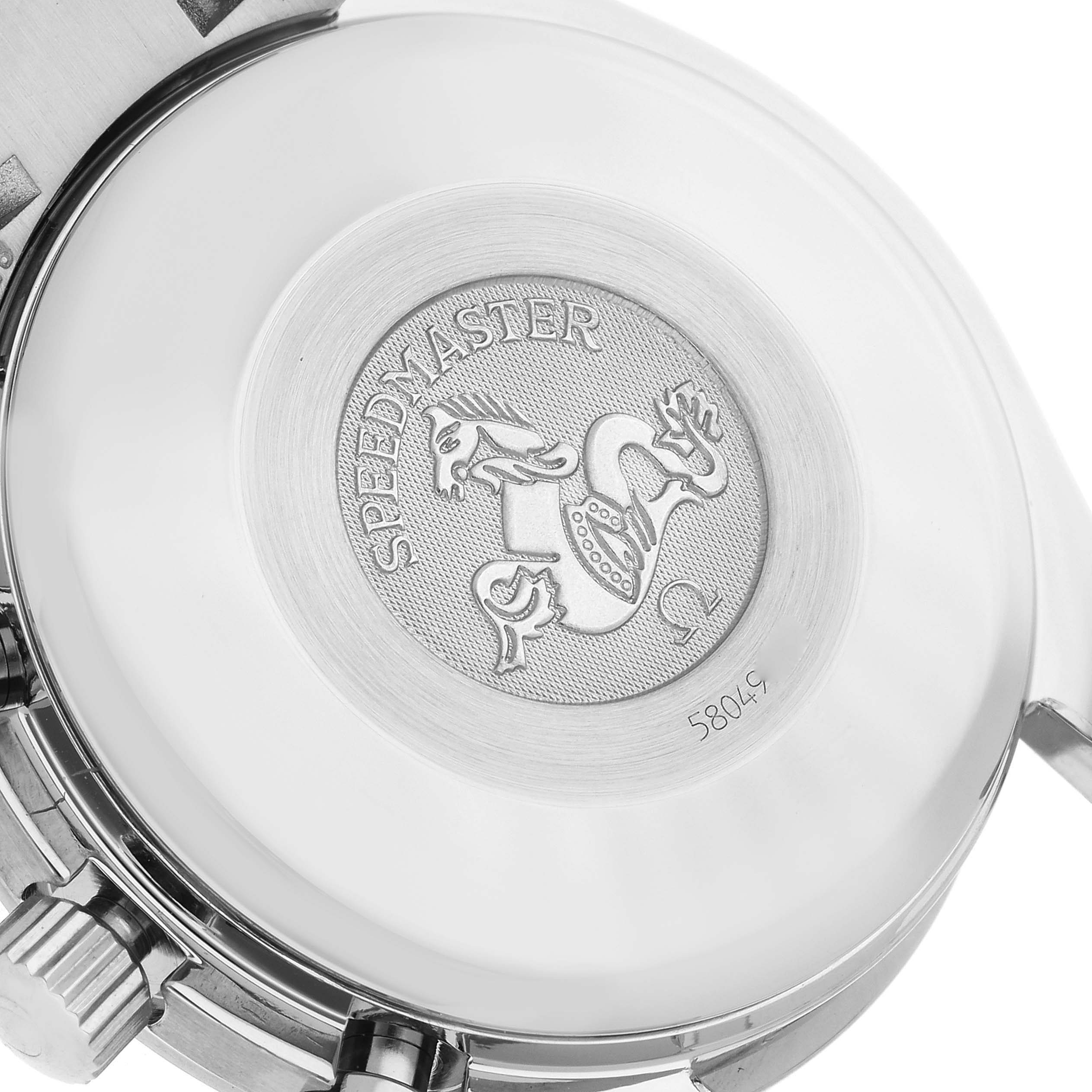 This image shows the case back of an Omega Speedmaster 3513.82.00 Men's Stainless Steel Blue Dial 3513.82.00 Men's Stainless Steel Blue Dial watch, highlighting the embossed logo and text.