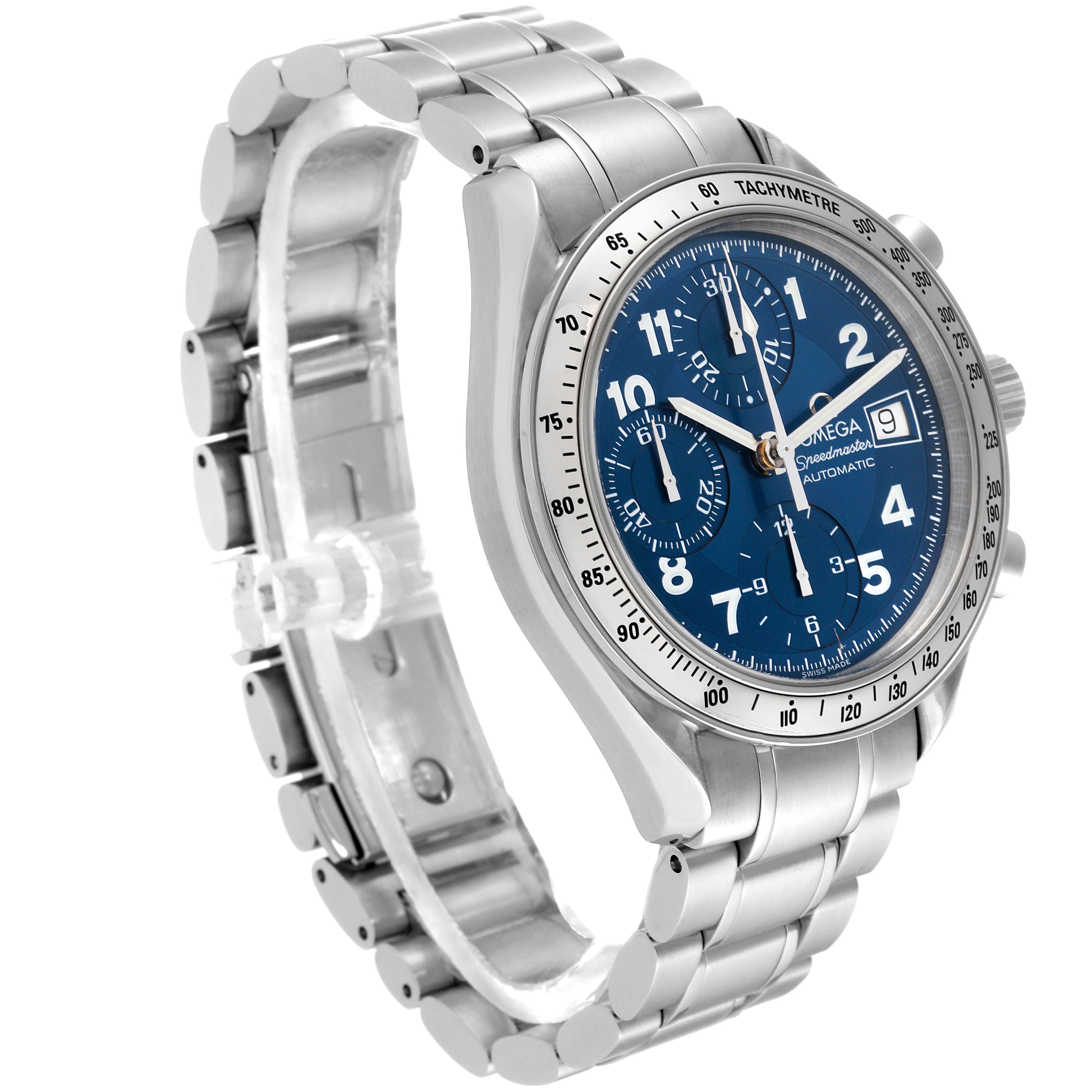 The image shows a side angle of an Omega Speedmaster 3513.82.00 Men's Stainless Steel Blue Dial 3513.82.00 Men's Stainless Steel Blue Dial watch, highlighting the blue dial, tachymeter bezel, and metal bracelet.