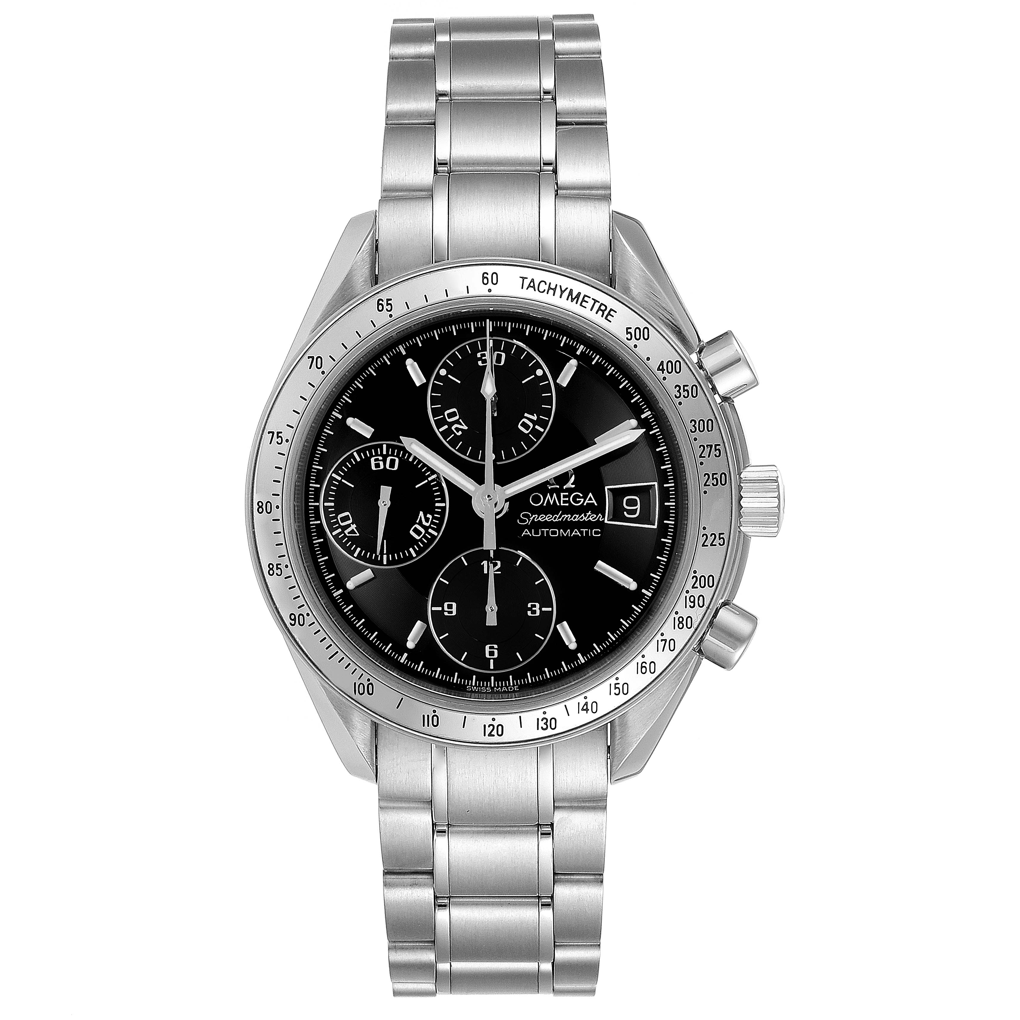 The Omega Speedmaster 3513.50.00 Men
s Stainless Steel Black Dial 3513.50.00 Men
s Stainless Steel Black Dial watch is shown from the front, displaying its black dial, tachymeter bezel, chronograph subdials, and stainless steel bracelet.