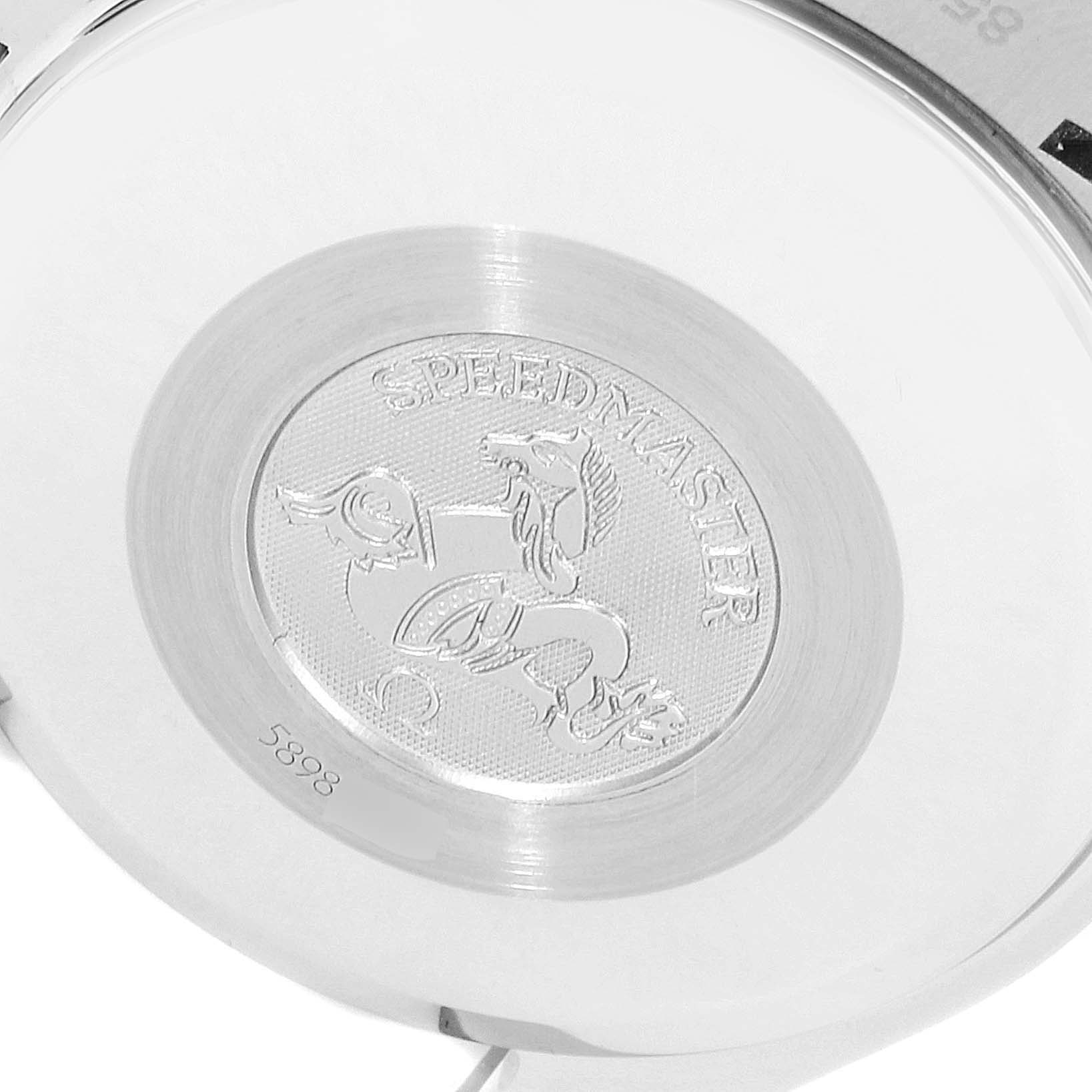 The image shows the case back of an Omega Speedmaster 3513.50.00 Men
s Stainless Steel Black Dial 3513.50.00 Men
s Stainless Steel Black Dial watch, featuring an engraved emblem and the model name.